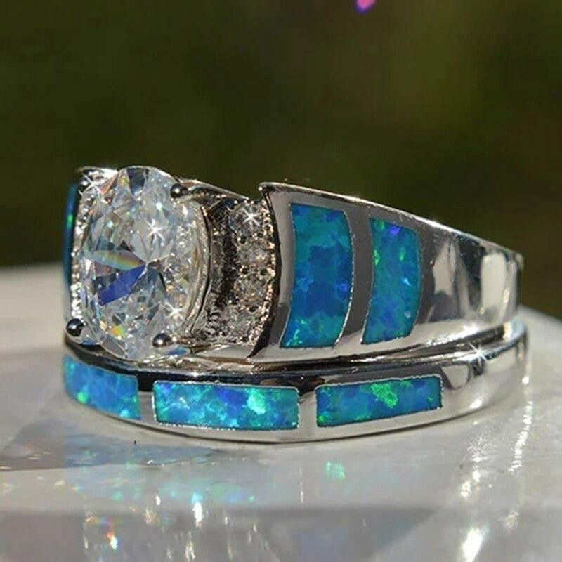 Designer 2pcs Blue Opal Epoxy Zircon Inlaid Silver Ring Set - Size 6 Size ONE SIZE - 8 Thumbnail