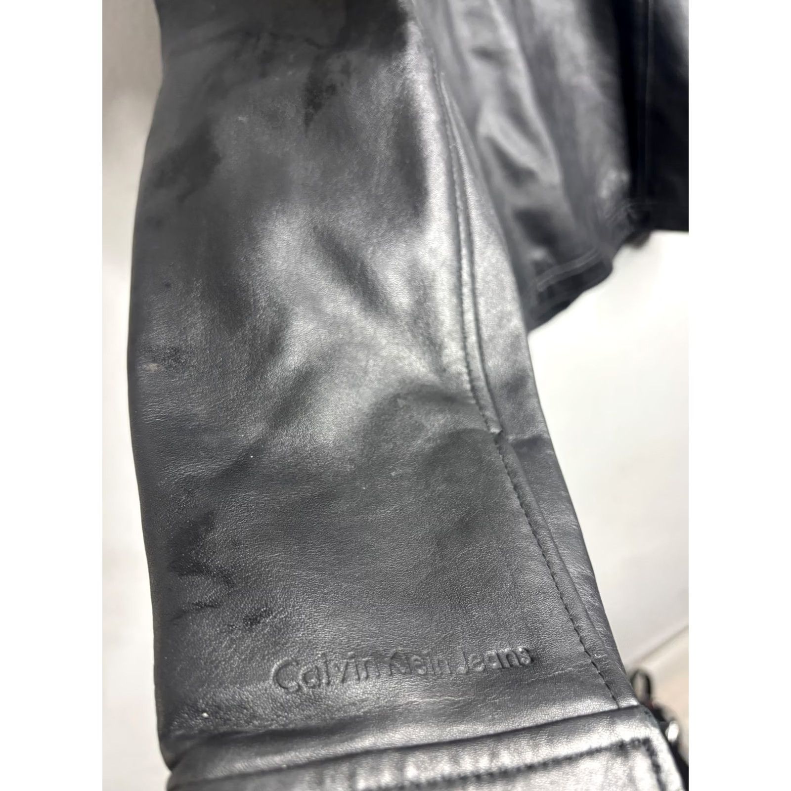 Vintage Calvin Klein Jeans Jacket Womens Medium Black Leather Moto Full Zip Biker Collar Size 32" / US 10 / IT 46 - 6 Thumbnail