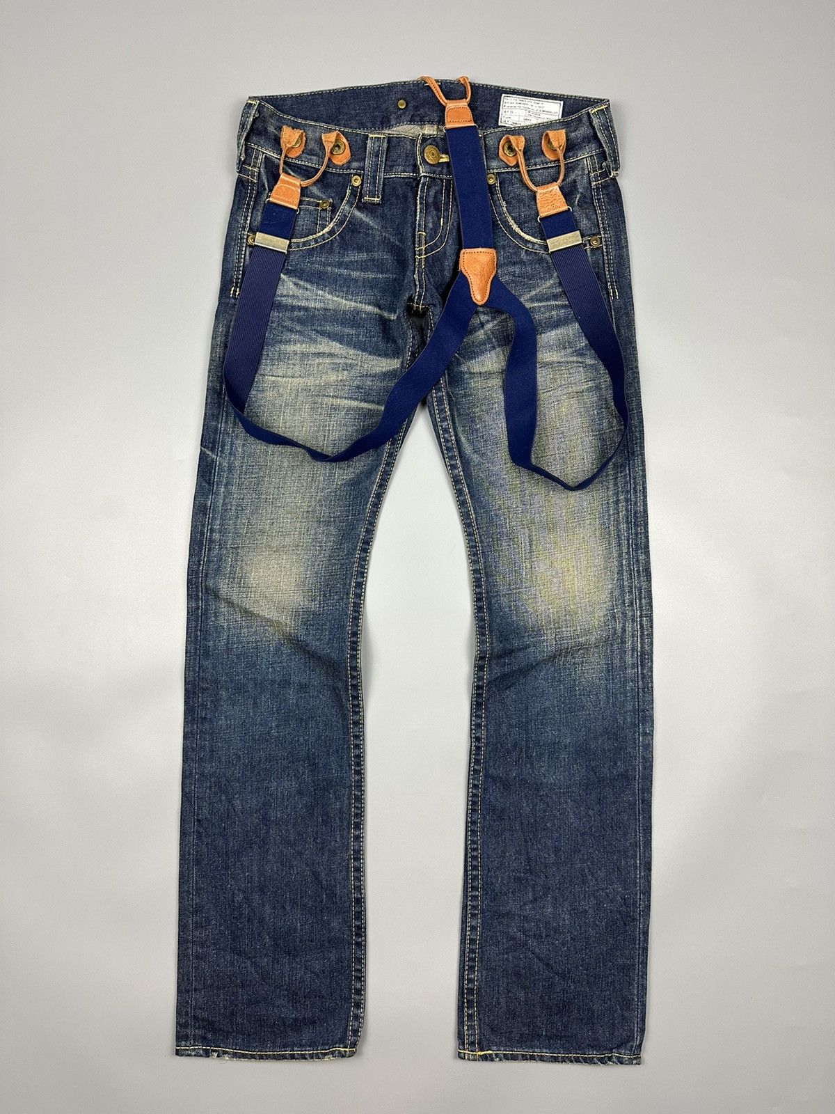 If Six Was Nine × Le Grande Bleu (L.G.B.) 🔥Flared🔥 SLY Glamour Jeans With Suspenders Leather Denim Size US 32 / EU 48 - 1 Thumbnail