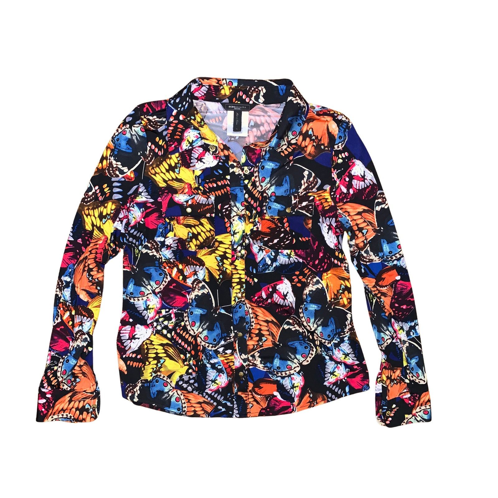 Bcbgmaxazria BCBG Max Azria Butterfly Print Button Down Petites Large Y2K Size L / US 10 / IT 46 - 1 Thumbnail