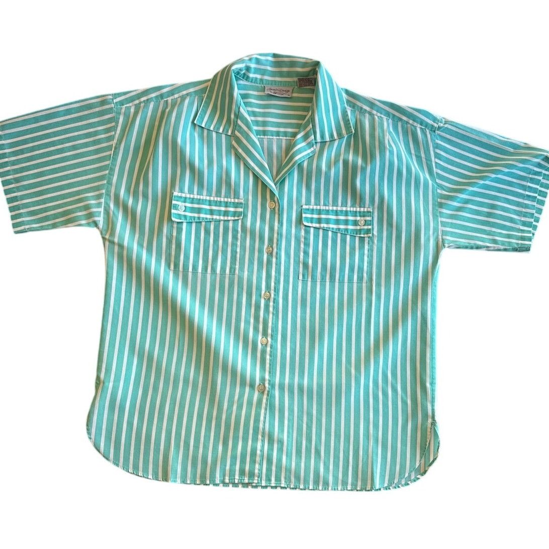 Other 80's Womens Vintage Aqua Striped Coastal Button Down T-Shirt Size XL / US 12-14 / IT 48-50 - 2 Thumbnail