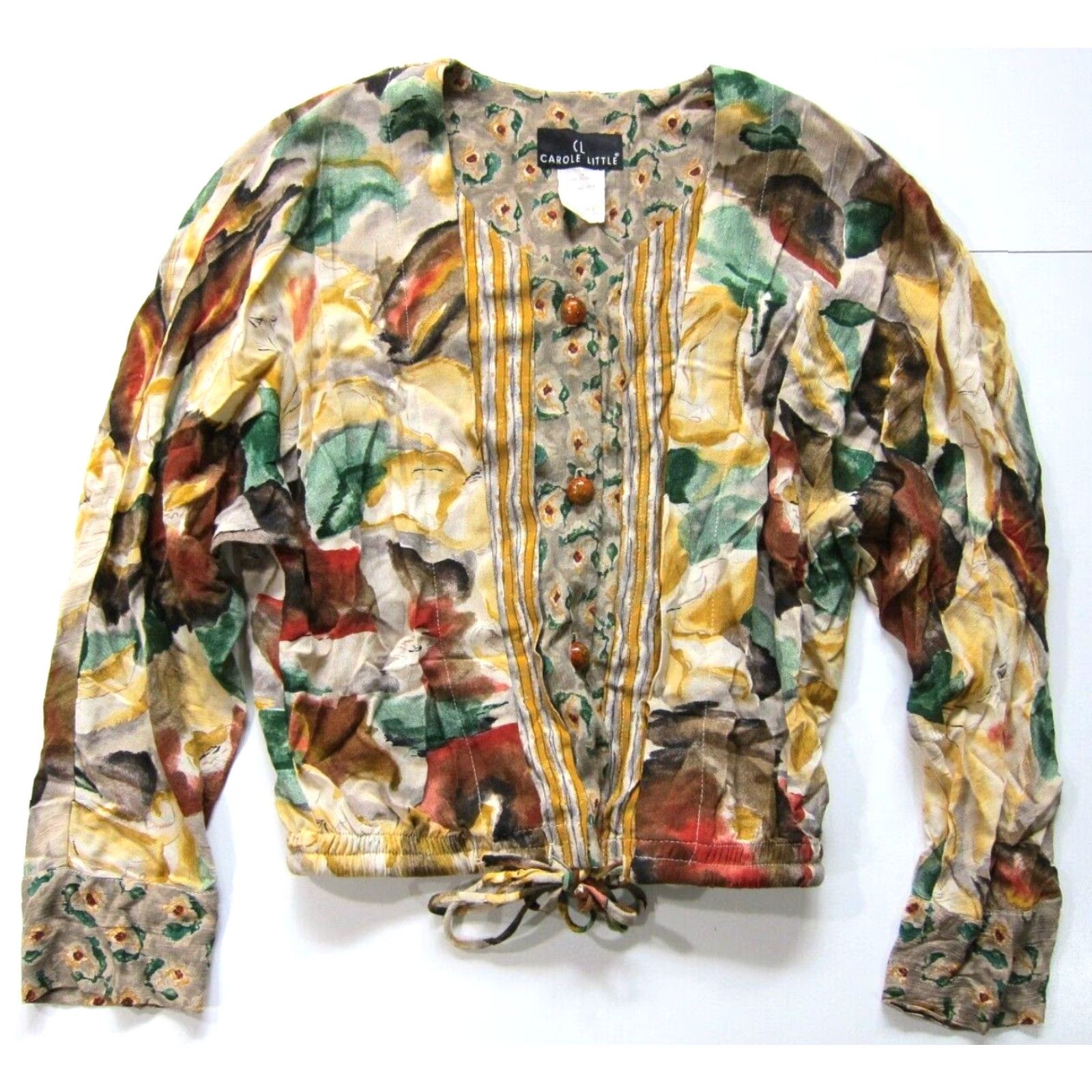 Vintage Vintage Carole Little Blouse Shirt 4 Women Long Sleeve V-Neck Green Yellow Brown 100% Rayon Notes Size S / US 4 / IT 40 - 5 Thumbnail