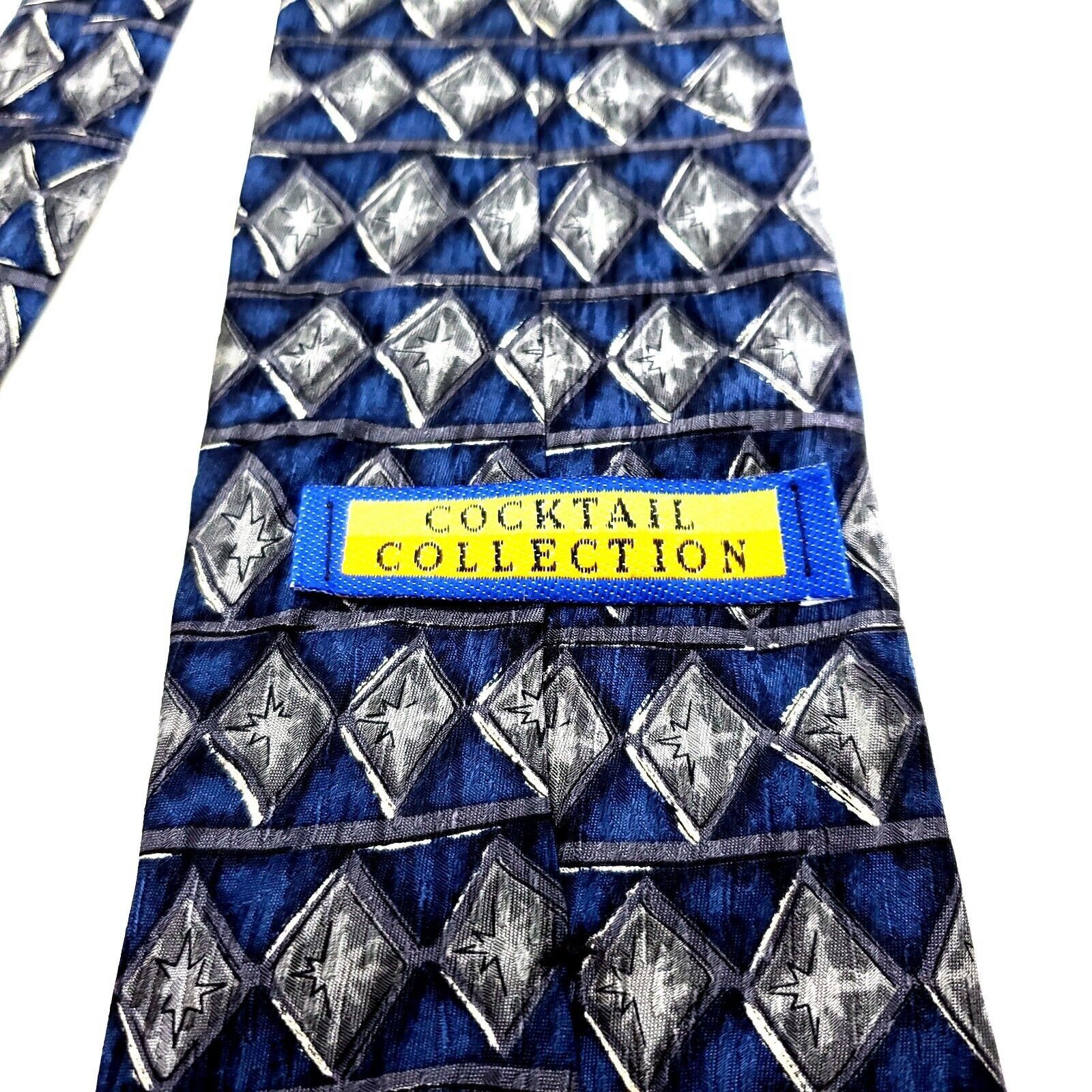 Vintage Cocktail Collection Blue Gray Silk Tie Print Short Geometric Size ONE SIZE - 4 Thumbnail