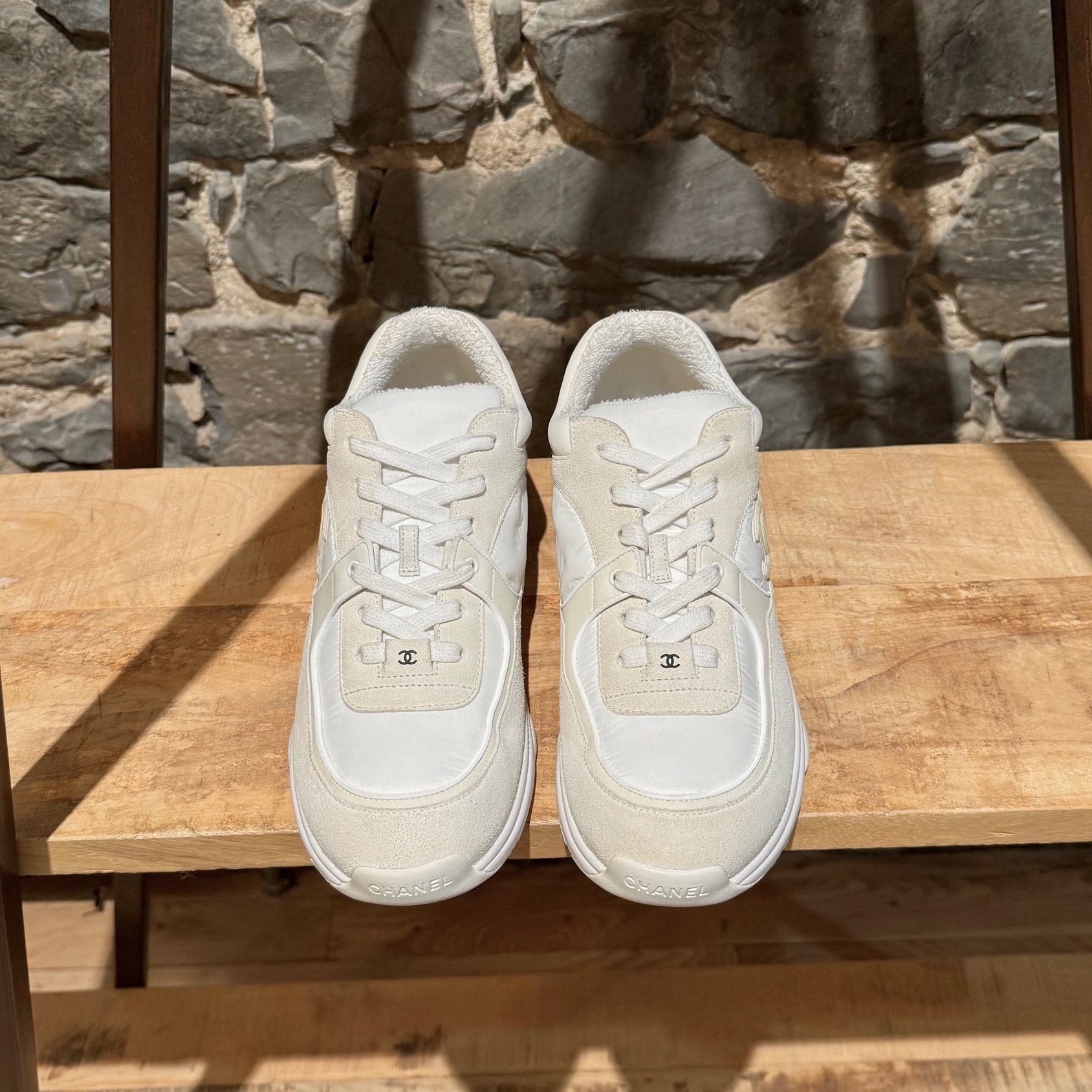 Chanel White Ivory Suede Nylon CC Reflective Sneakers