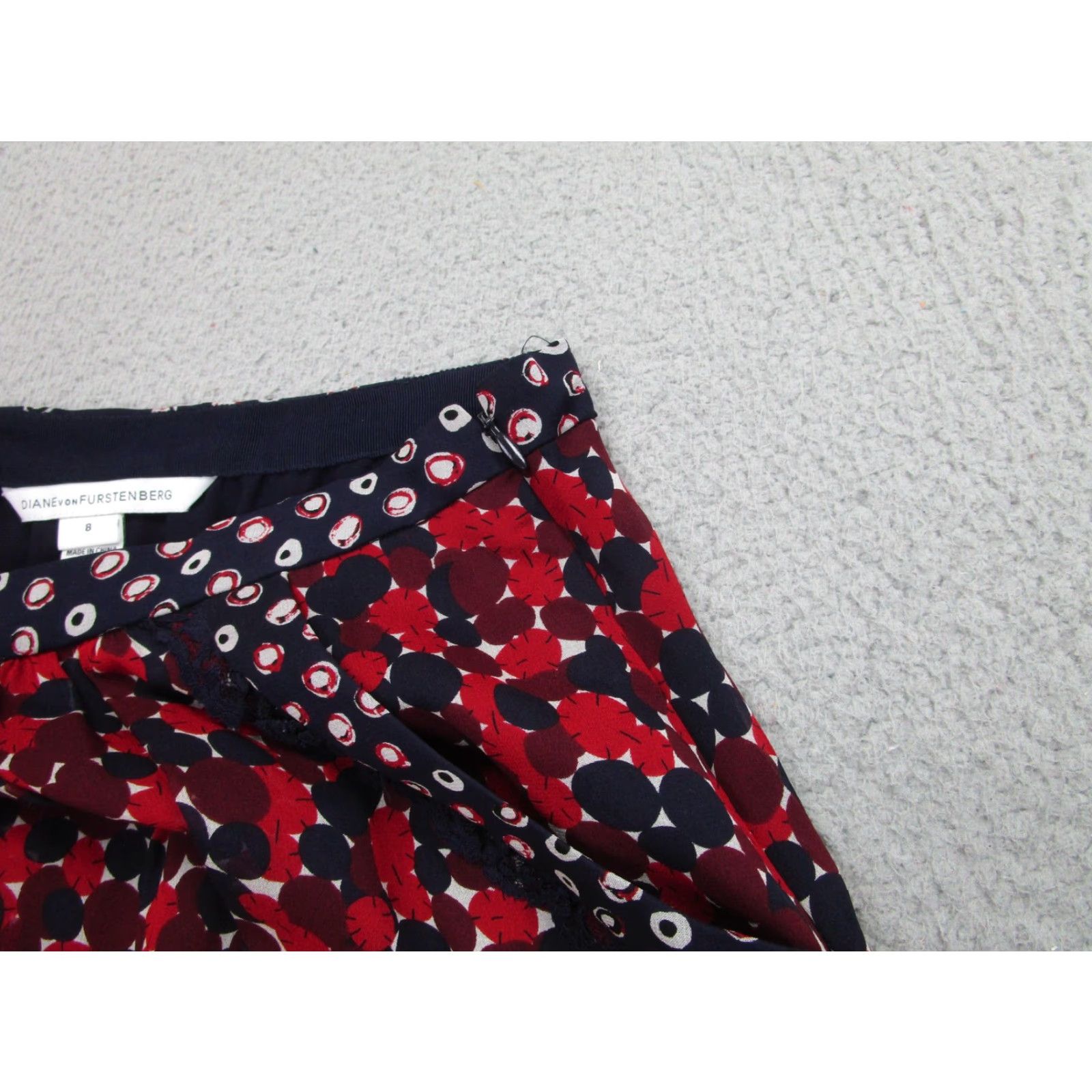 Diane von Furstenberg Skirt Womens 8 Red Silk A-Line Polka Dot Lace Trim Chiffon