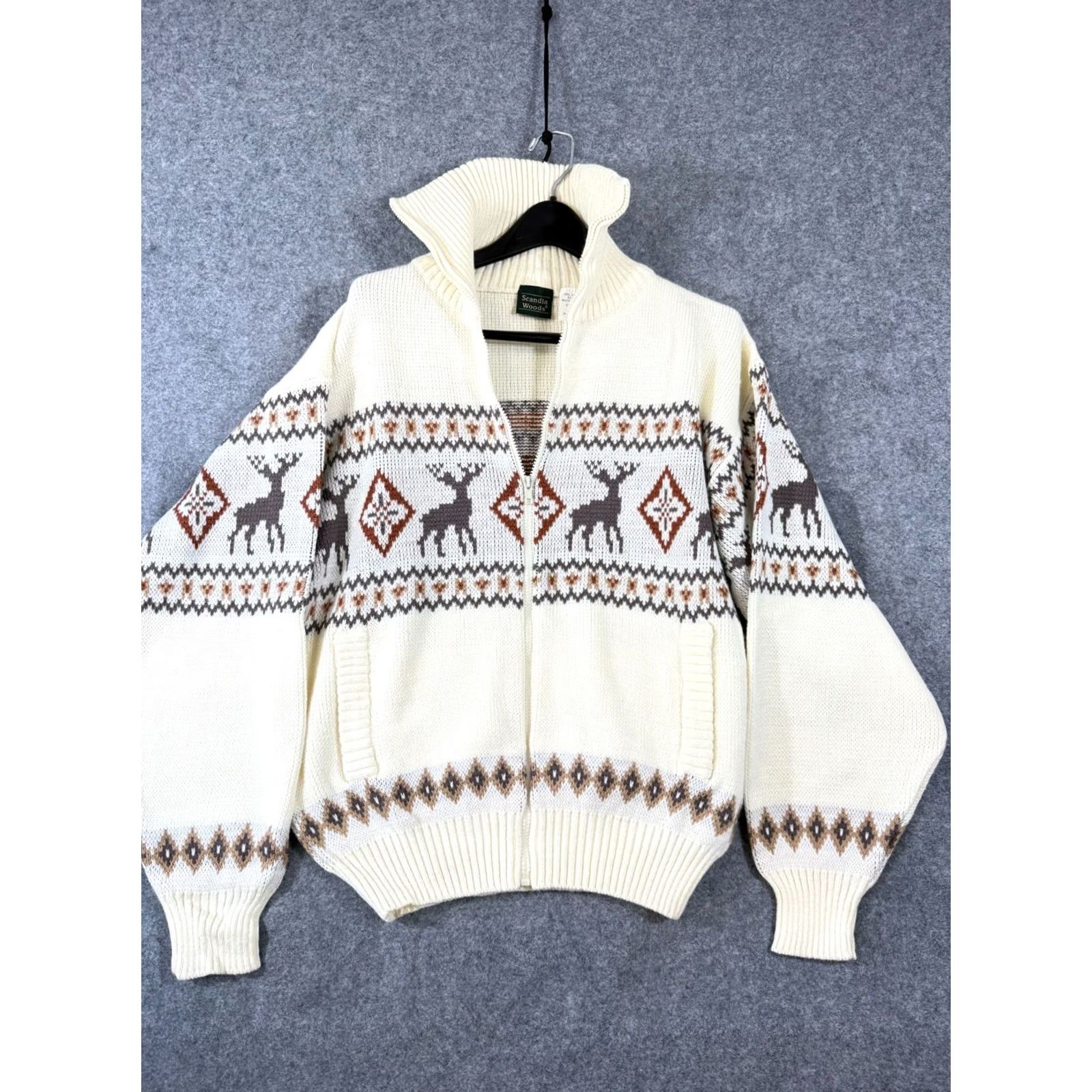 Vintage Scandia Woods Sweater Mens L Ivory Argyle Nordic Deer Mock Neck Full Zip NWOT Size US L / EU 52-54 / 3 - 3 Thumbnail