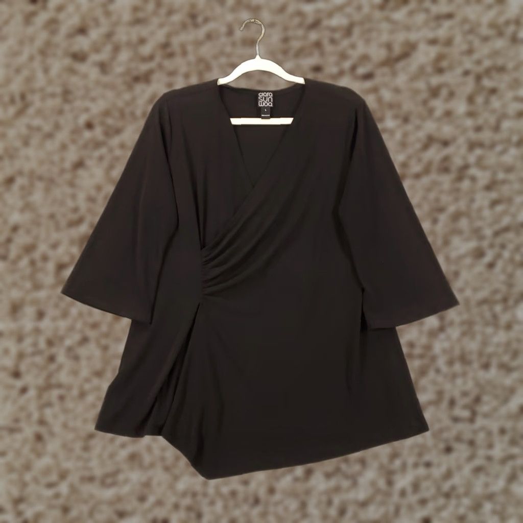 Vintage Clara Sun Woo Blouse Womens Large Black V-Neck Faux Wrap Draped Ruched Top Size L / US 10 / IT 46 - 1 Thumbnail