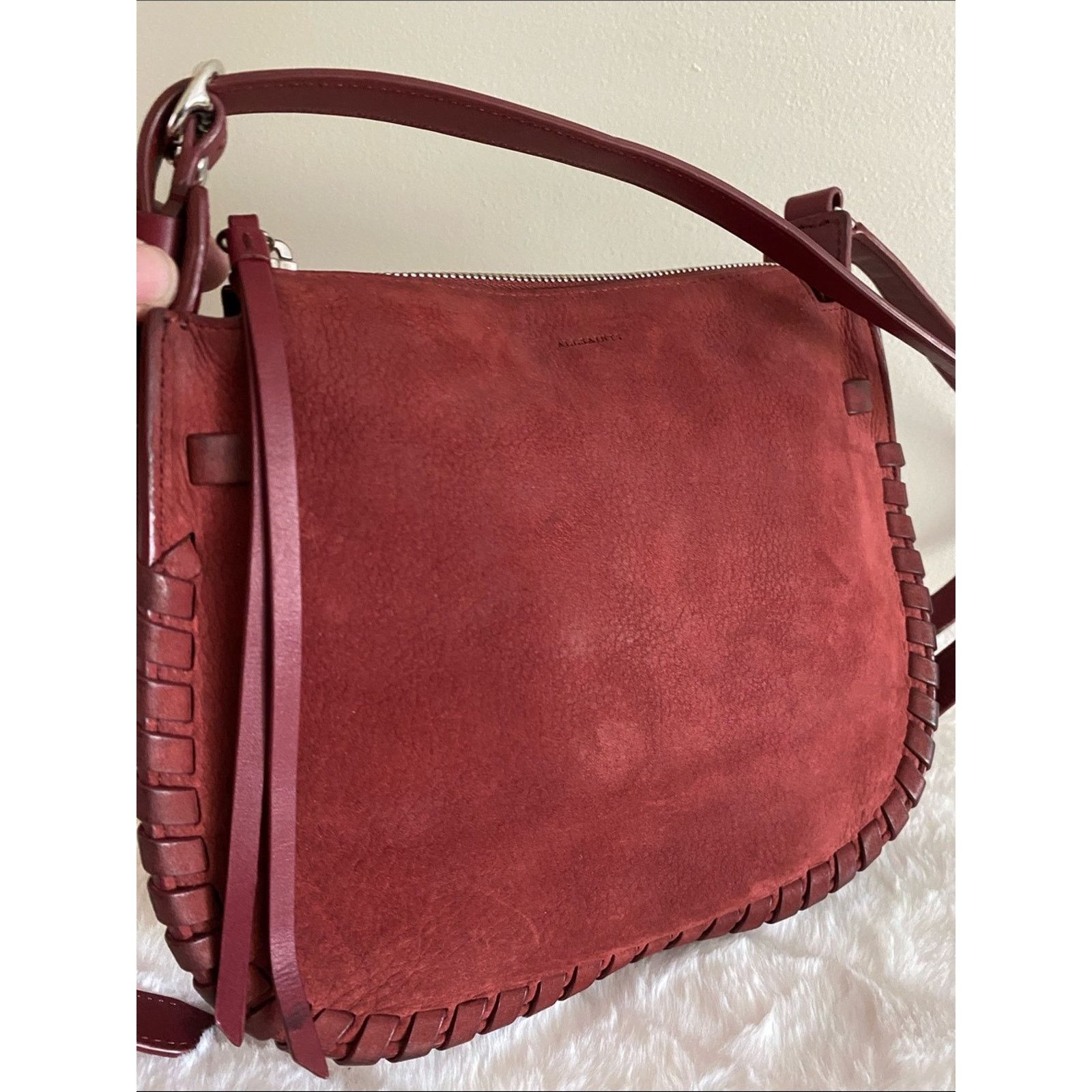 Allsaints All Saints Mori Whipstitch Suede Crossbody Bag in Maroon Size ONE SIZE - 4 Thumbnail
