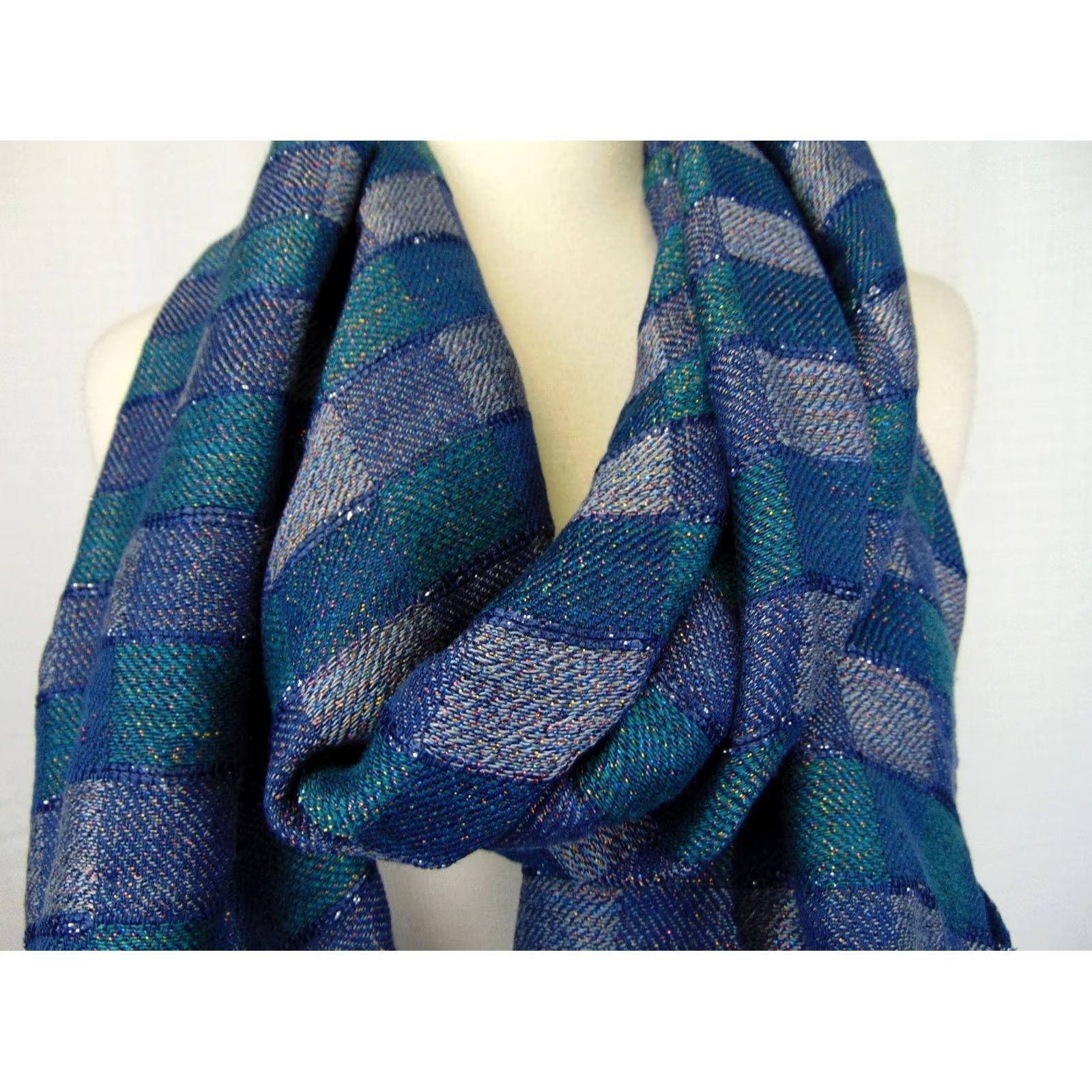 Vintage Cejon Shine Checkered Fringe Wrap Scarf Navy Blue Metallic Cejon Scarf Blue 68" X 20" Womens Size ONE SIZE - 3 Thumbnail