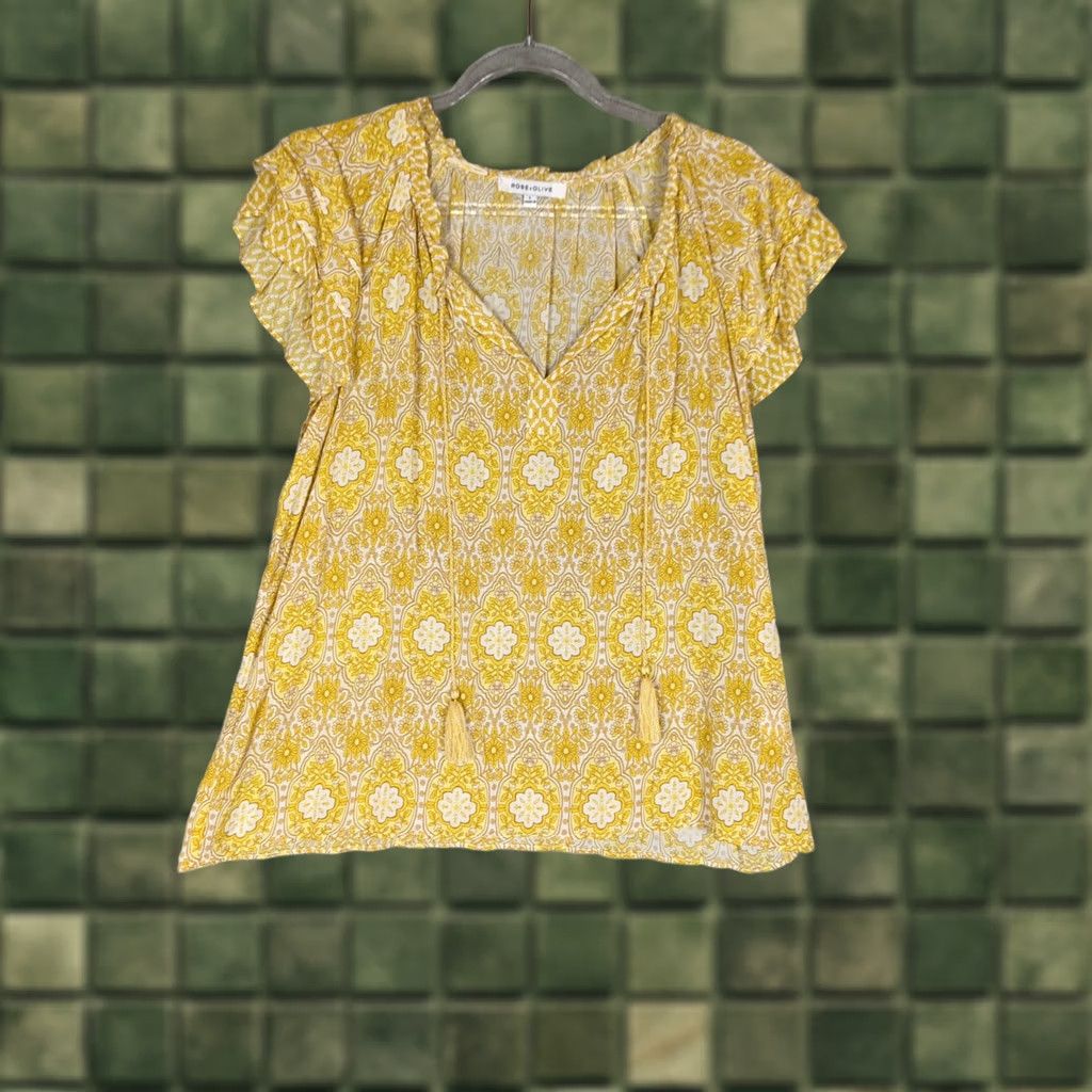 Vintage Rose Olive Yellow Floral Tasseled V Neck Short Sleeve Top L Casual Blouse Size L / US 10 / IT 46 - 1 Thumbnail