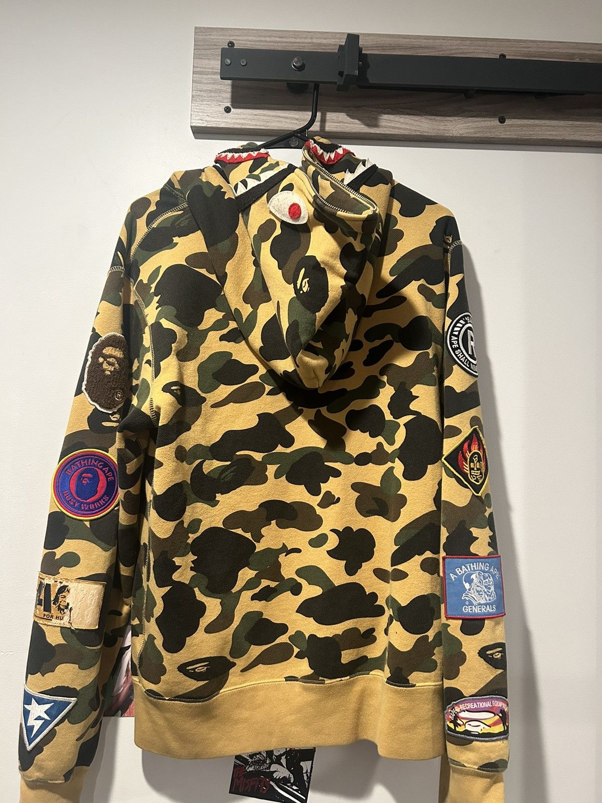 image of Bape 1St Camo Patched Shark Full Zip Hoodie in Yellow, Men's (Size Large)