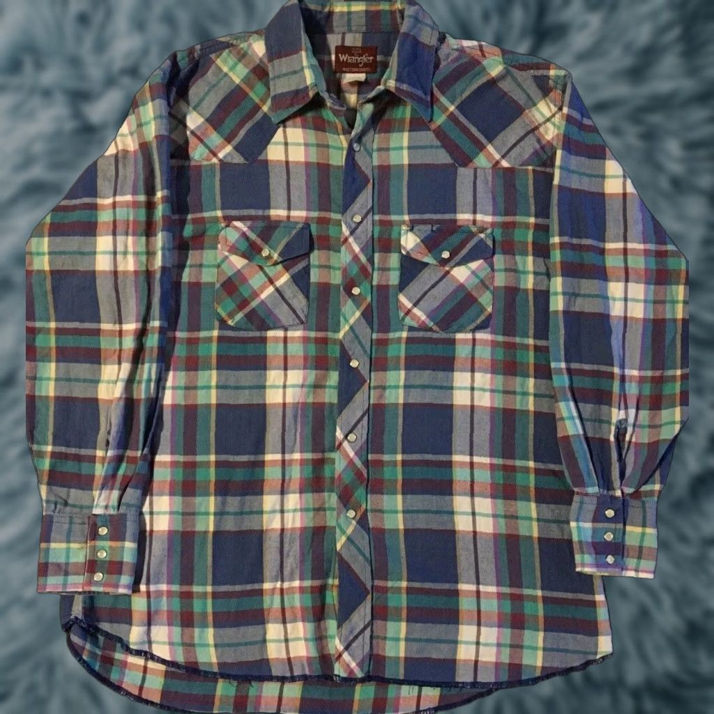 Wrangler VINTAGE Wrangler Flannel Pearl Snap Shirt XL Blue Cotton 80s 90s Western USA Grunge Cowboy Aztec Shirt Mens Size US XL / EU 56 / 4 - 1 Thumbnail