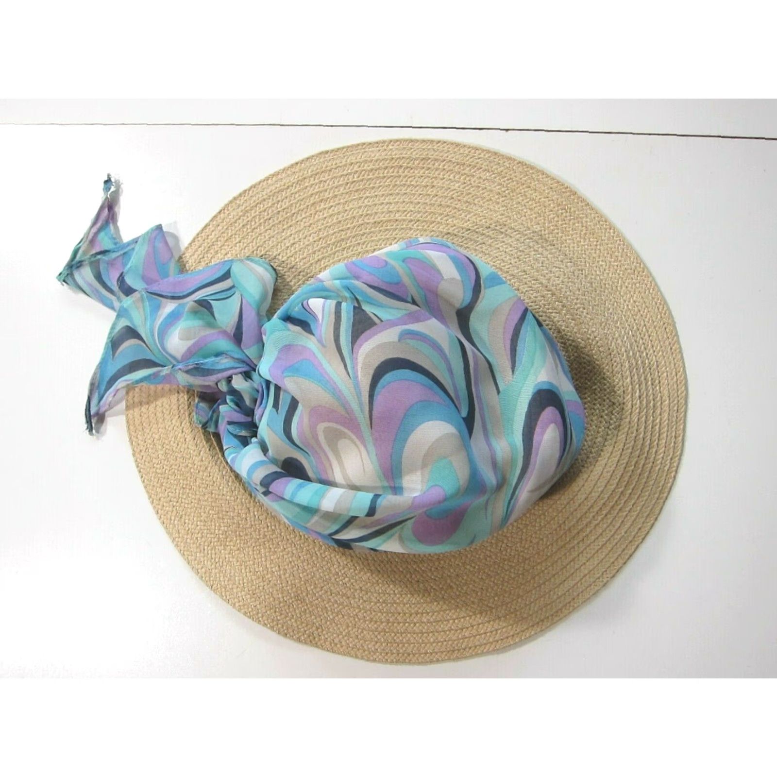 Vintage Sun N Sand Packable Wide Brim Tan Paper Weave Scarf Covered Beach Sun Hat Womens Adult M Brown Size ONE SIZE - 6 Thumbnail