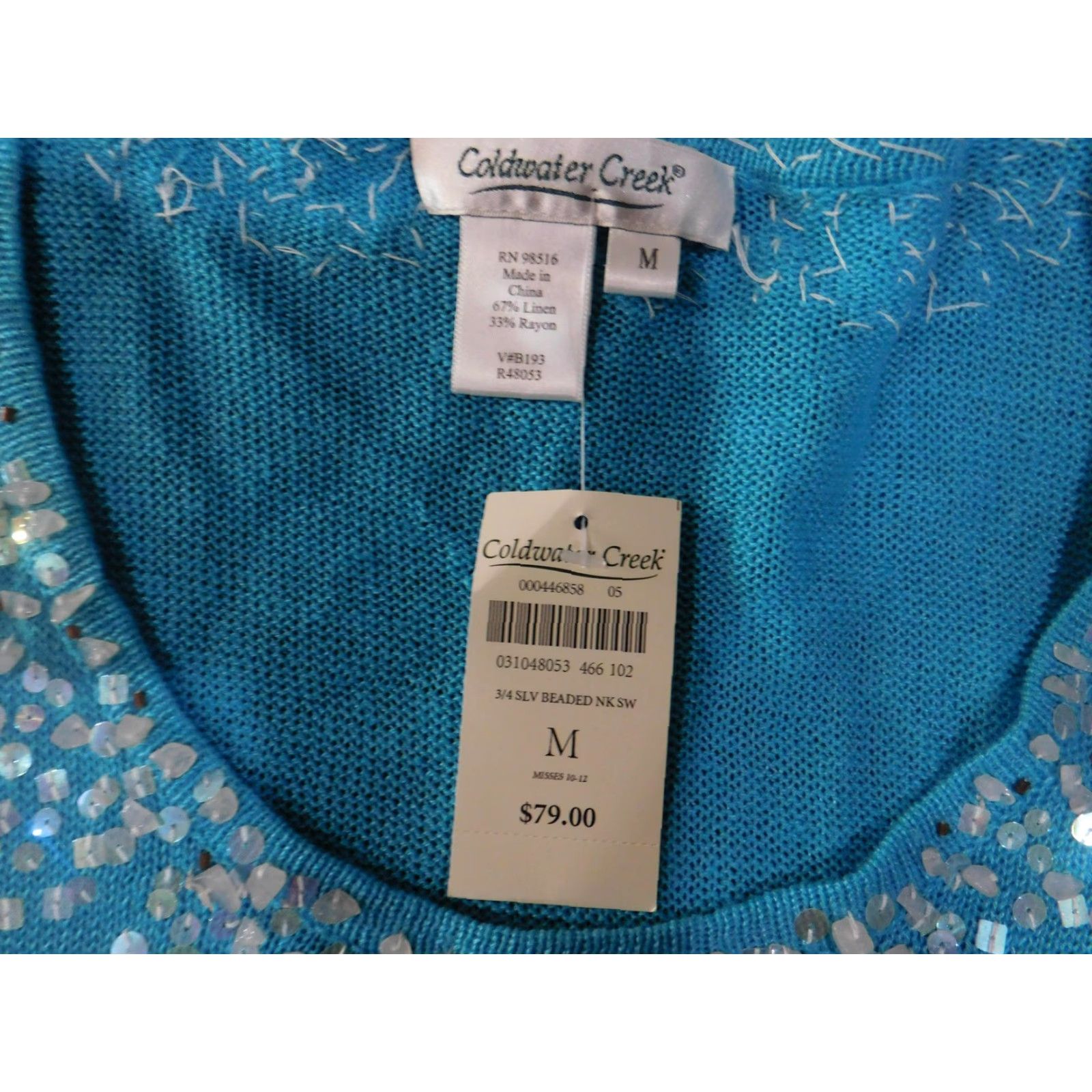 Coldwater Creek Coldwater Creek Sweater Womens Medium Teal Beaded Neck 3/4 Sleeve Linen Rayon Scoop Neck Pullover Knit Size M / US 6-8 / IT 42-44 - 5 Thumbnail