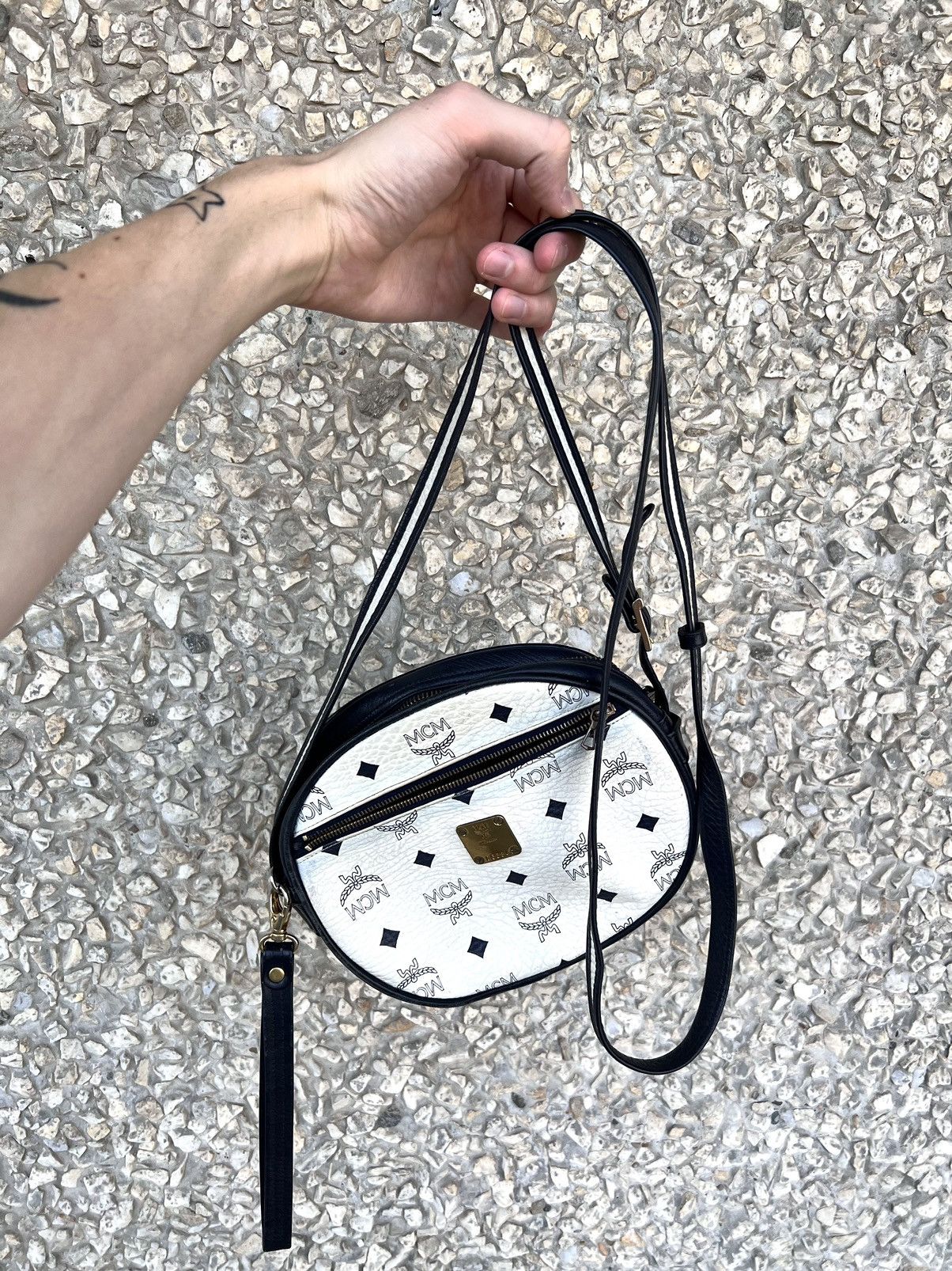 Vintage MCM Round Crossbody Bag Vintage White Leather Monogram Rare