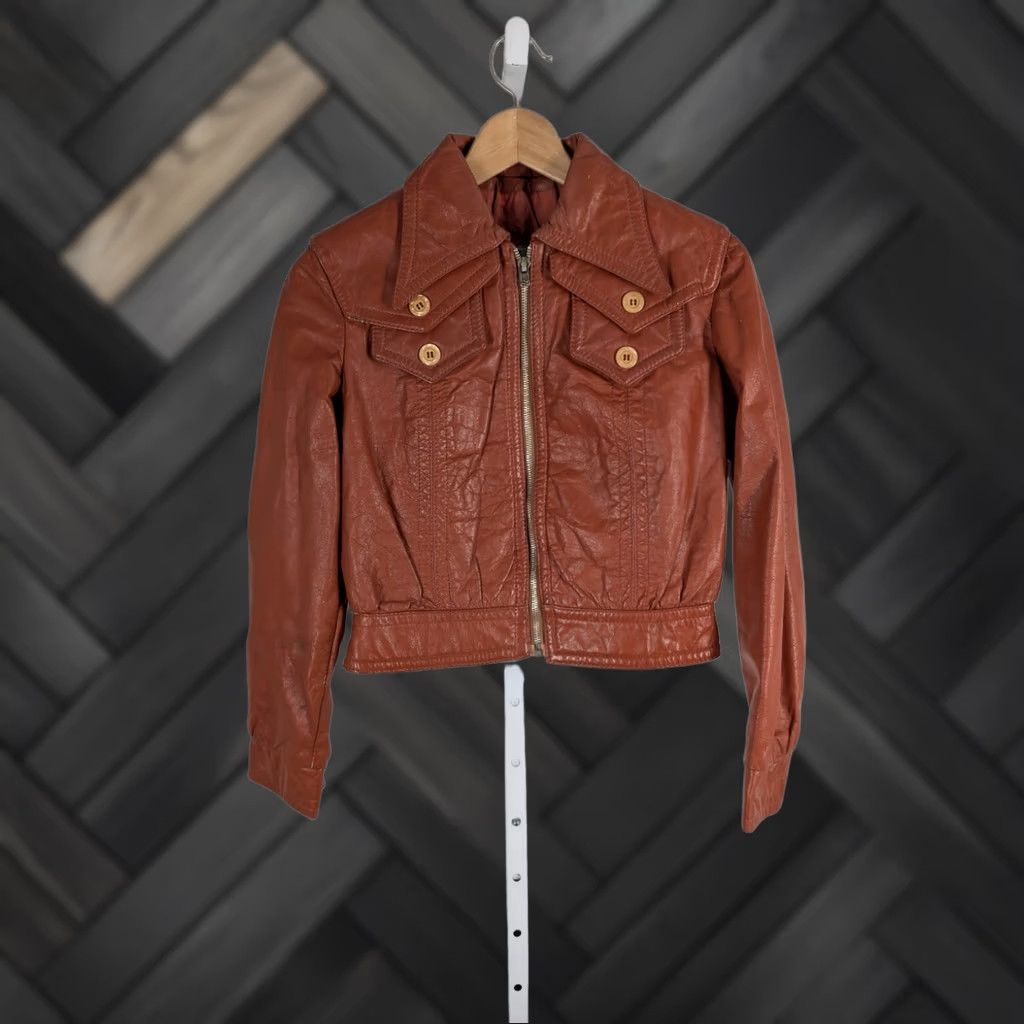 Vintage VINTAGE Jonathan Legault Leather Jacket Mod Avant-garde Disco Collar Brown 1970s 34 Mens Size XXS / US 00 / IT 34 - 1 Thumbnail