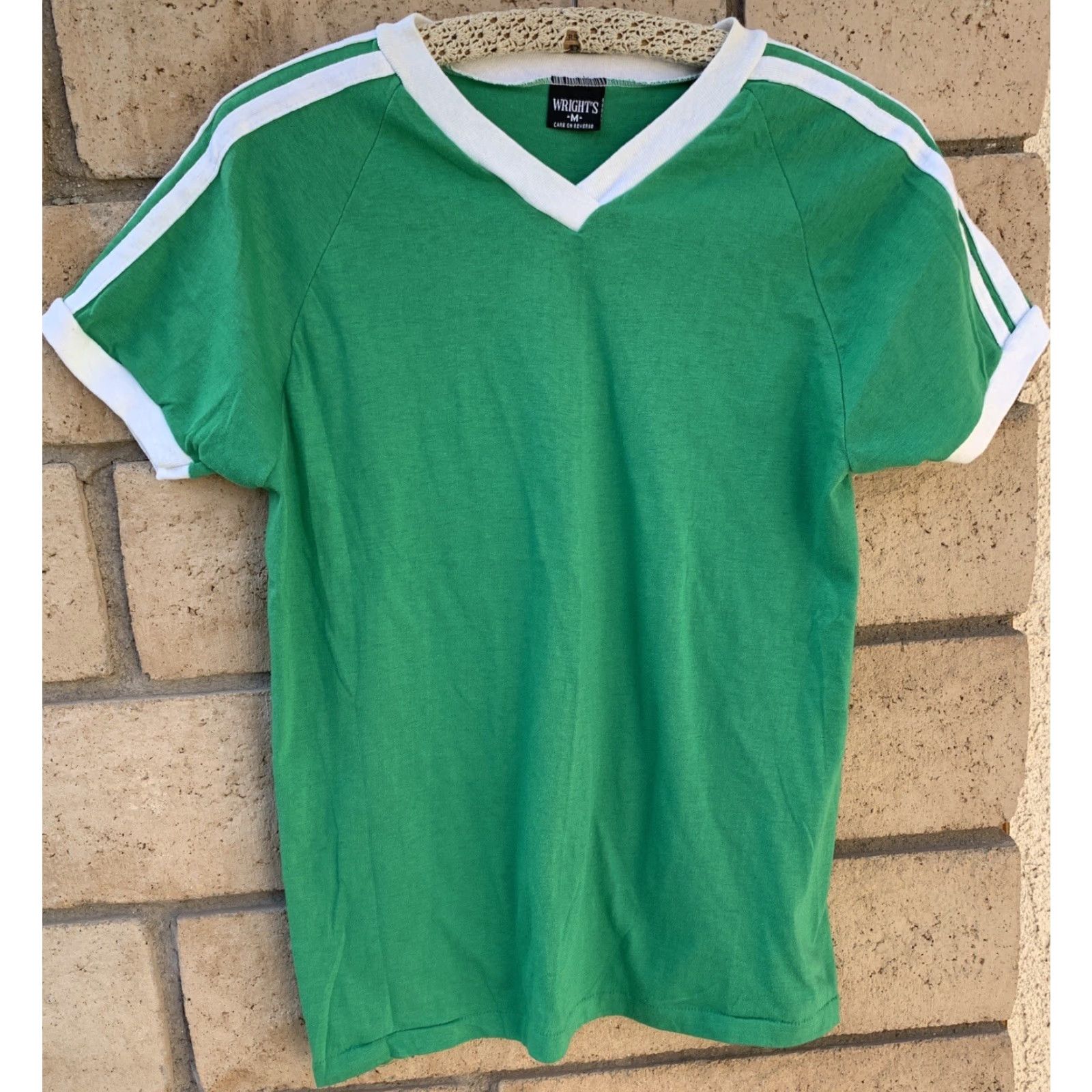 Vintage VINTAGE Wrights T Shirt Short Sleeve V Neck Ringer Tee Made In USA Size M Green Casual Mens Vintage 50% cotton 50% polyester) Size US M / EU 48-50 / 2 - 3 Thumbnail