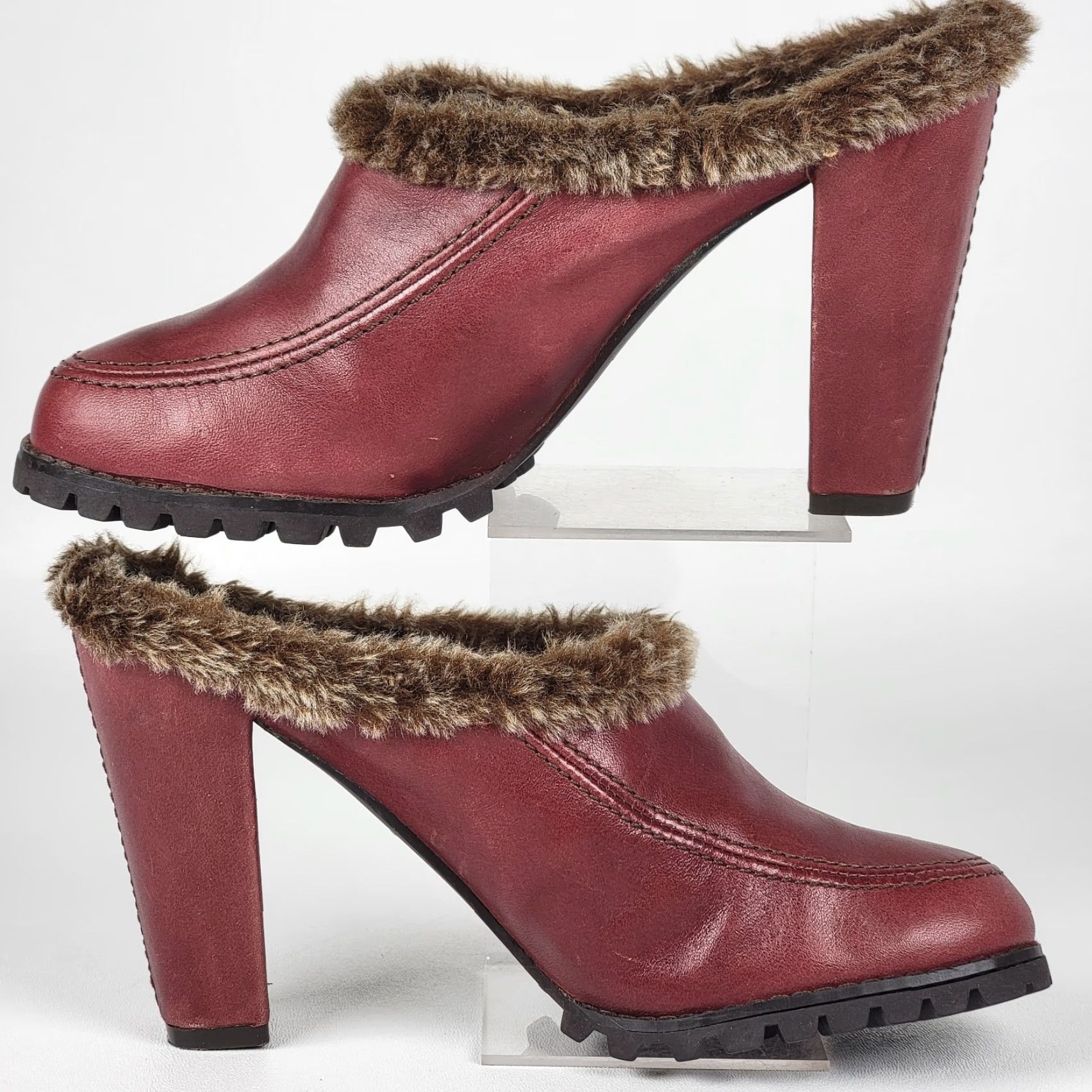 XOXO VINTAGE XOXO 90s Burgundy Leather CLOG Heels Fur Trim Mule Size 5.5 Ladies Size US 6 / IT 36 - 4 Thumbnail