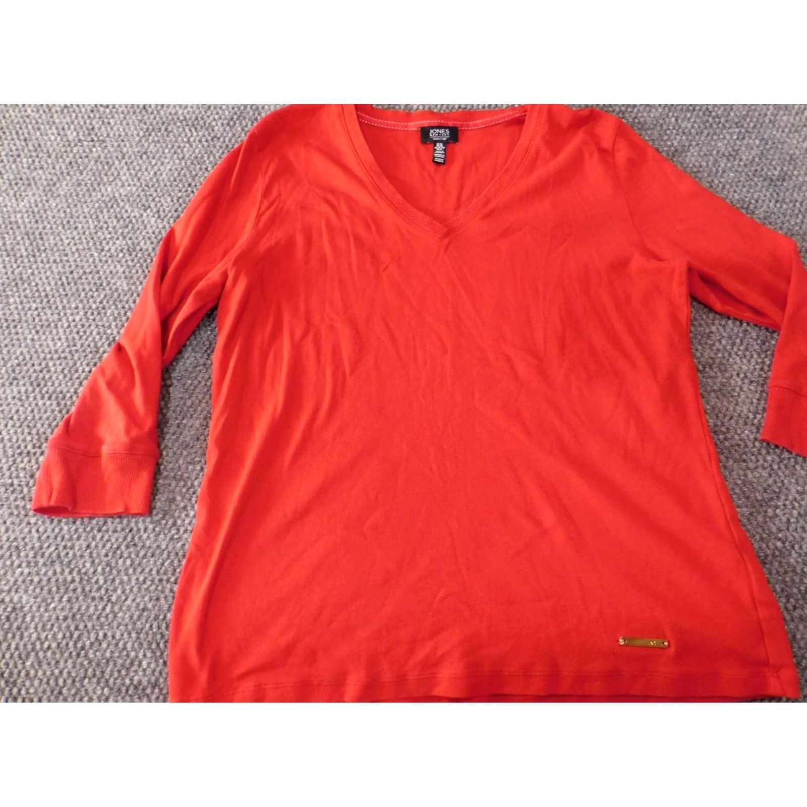 Jones New York Jones New York Womens Sweater XL Red V-Neck Pullover Raglan Sleeve Open-Knit 100% Cotton Logo Modern Regular Women Small Details: Floral Accent Size XL / US 12-14 / IT 48-50 - 3 Thumbnail