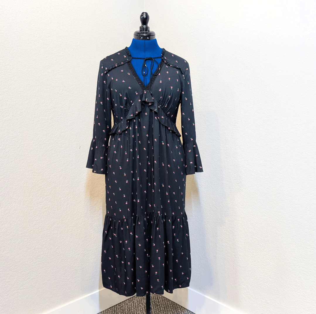 Loft Loft Navy Floral Ruffle Midi Prairie Dress Size S Size S / US 4 / IT 40 - 1 Thumbnail