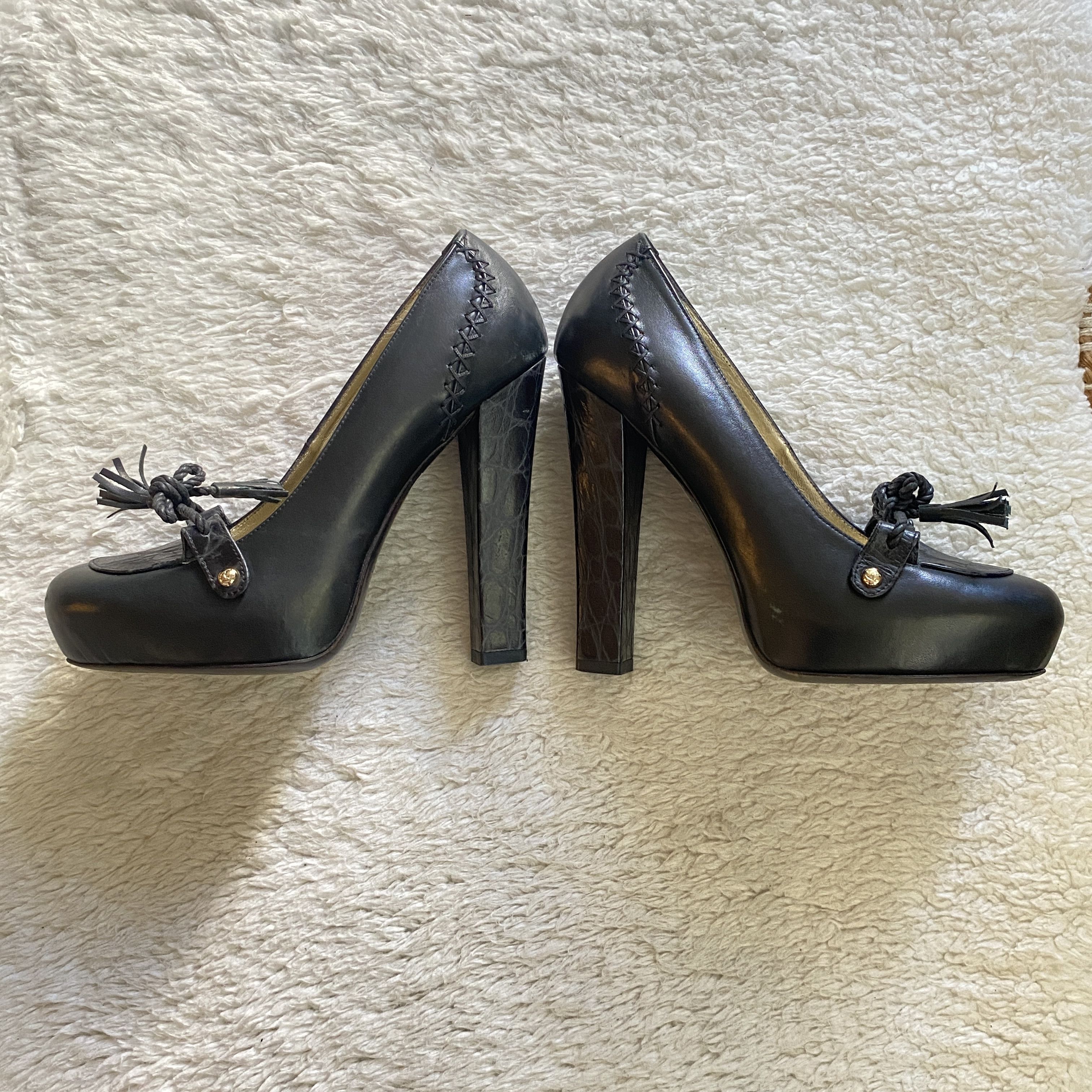 Just Cavalli Vintage JUST CAVALLI Black Leather Platform Heels Size US 8.5 / IT 38.5 - 19 Thumbnail
