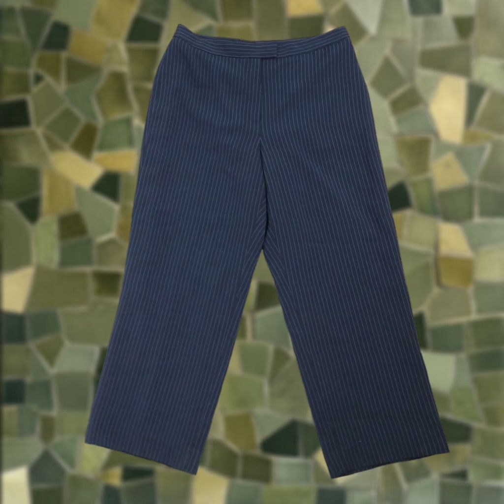 Vintage VINTAGE 90s Navy Blue Pinstripe Wide Leg Trouser Pants Women 12 Wide-Leg High Rise Polyester Dress Pants 女 Size 34" / US 12 / IT 48 - 1 Thumbnail