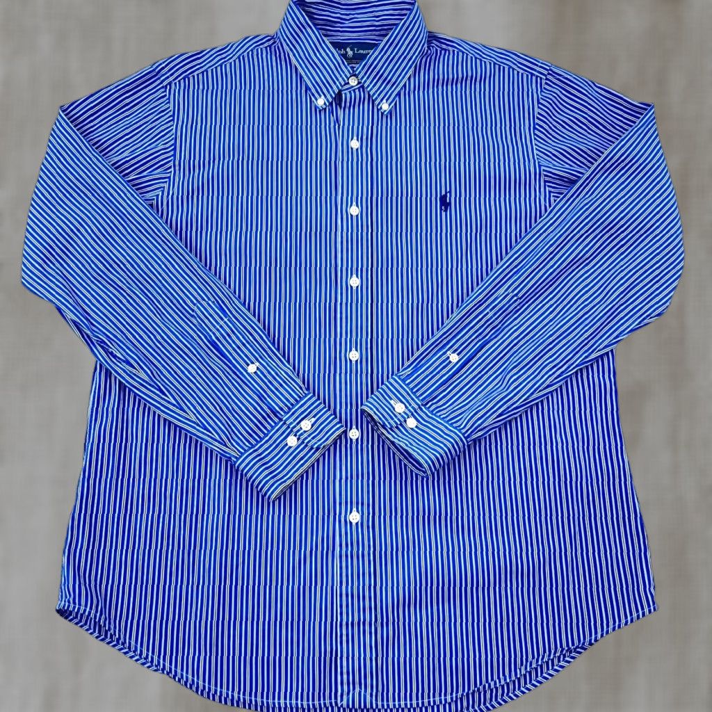 Ralph Lauren Ralph Lauren Shirt Men 16.5 34 Blue Button-Up Striped Poplin Dress Custom Fit Boyfriend Classic American Preppy N/A Mens Size 46R - 1 Thumbnail