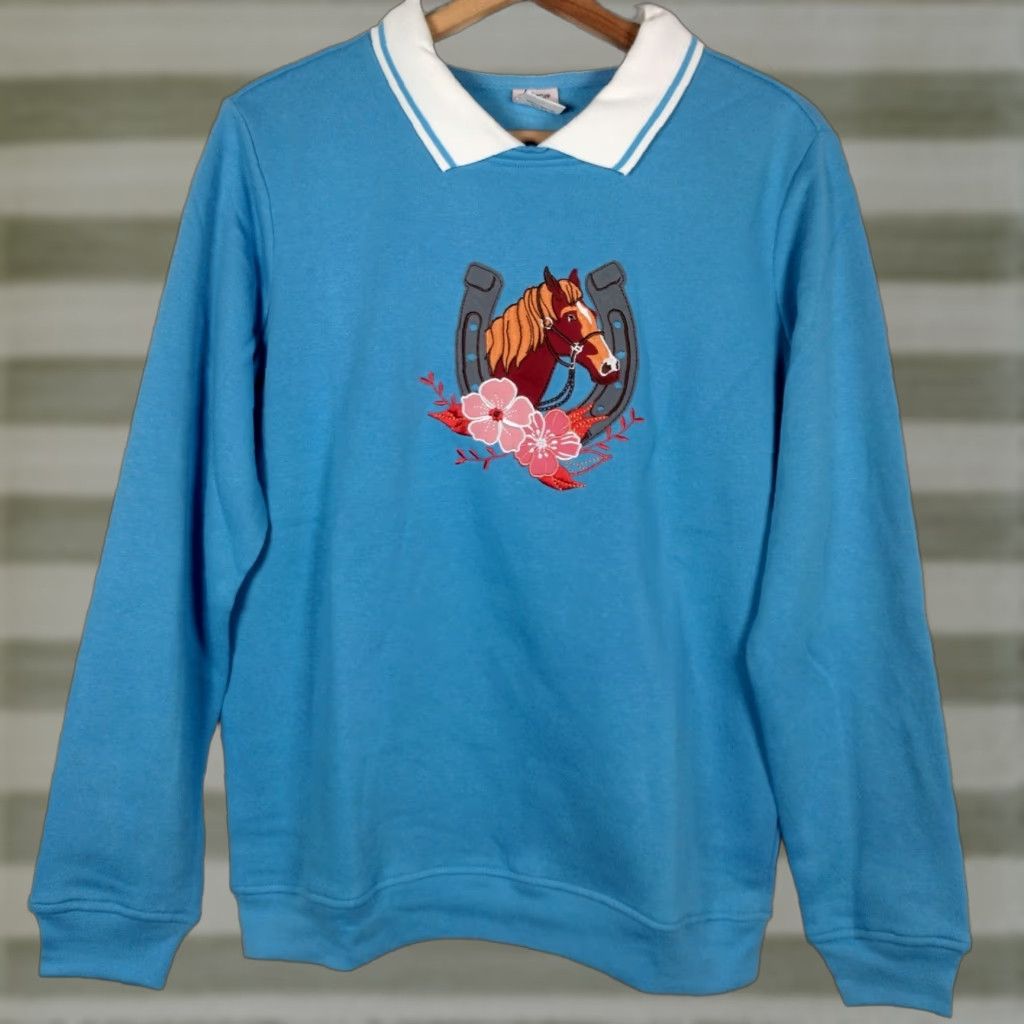 Vintage Adrian Delafield Sweatshirt Women M Collared Blue Horse Equestrian Embroidered Knit Pullover Regular Size Blue Womens Size M / US 6-8 / IT 42-44 - 1 Thumbnail