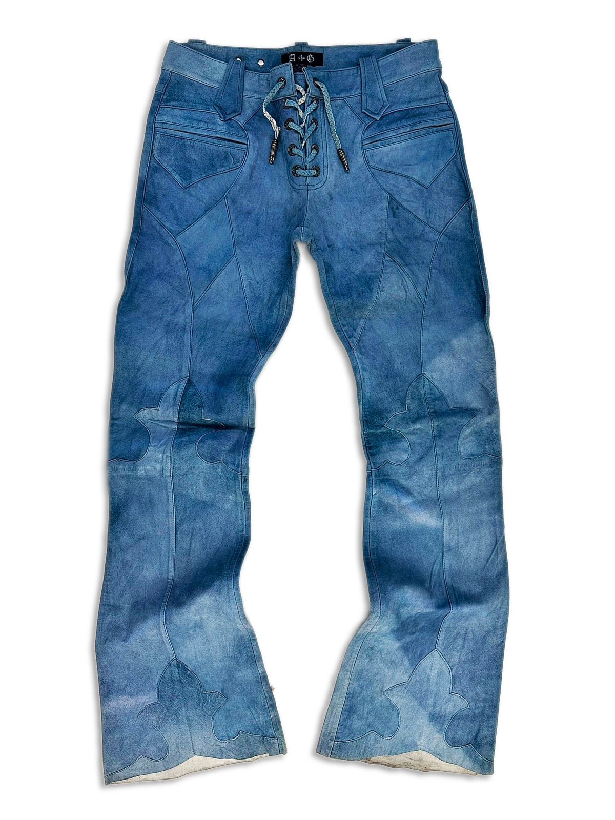 Pre-owned A G Rock N Roll Couture 00s A&g Rock ‘n Roll Couture Floury Cross Laced Suede Pants In Baby Blue