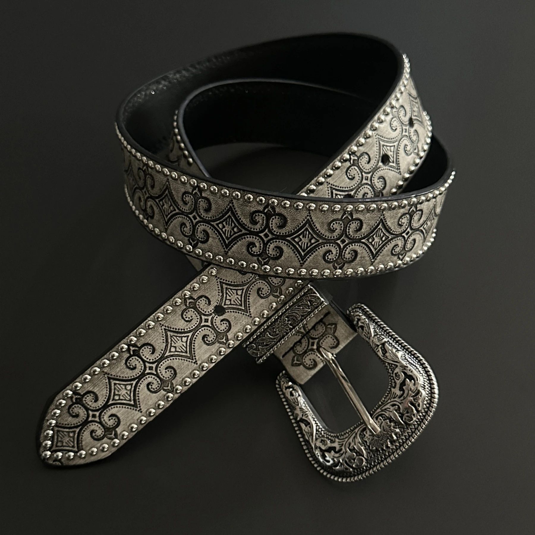 Jewelry Studded Leather Belt with Grey Floral Patterns Size ONE SIZE - 1 Thumbnail