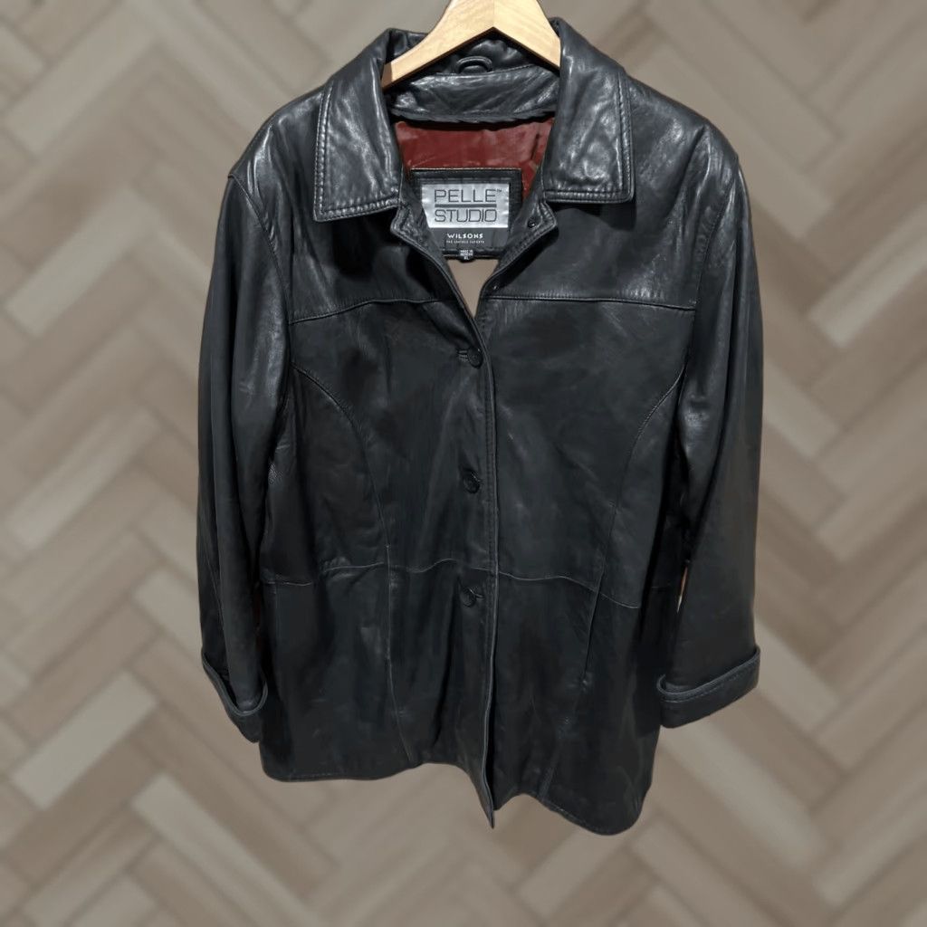 Vintage VINTAGE Wilsons Leather Jacket Women’s Pelle Studio XL Black Mid Length Button Up Belted Lined Pockets 90s City Classic Overcoat Size XL / US 12-14 / IT 48-50 - 1 Thumbnail