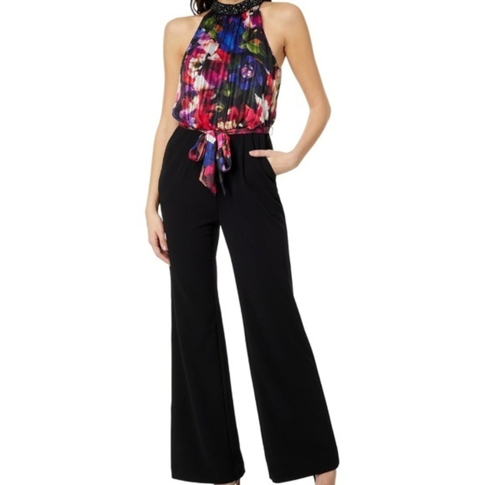 Adrianna Papell. Jeweled Mock Neck Floral Halter Jumpsuit.