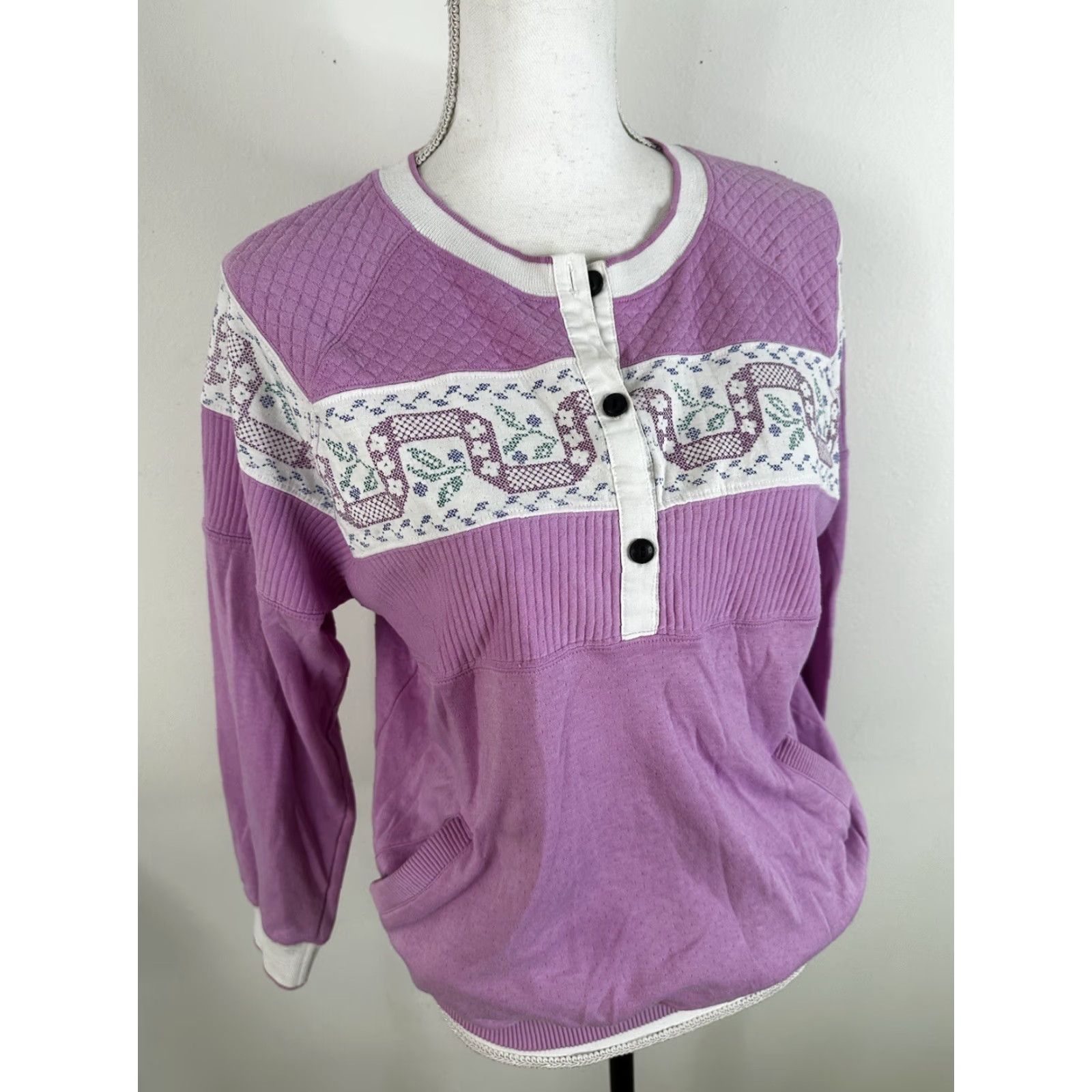 Vintage VINTAGE 90s Floral Raglan Sweatshirt Women’s M Shirt Womens 1980s 1987 Logo Graphic Print Cat Retro Art 80s 90s Size M / US 6-8 / IT 42-44 - 2 Thumbnail