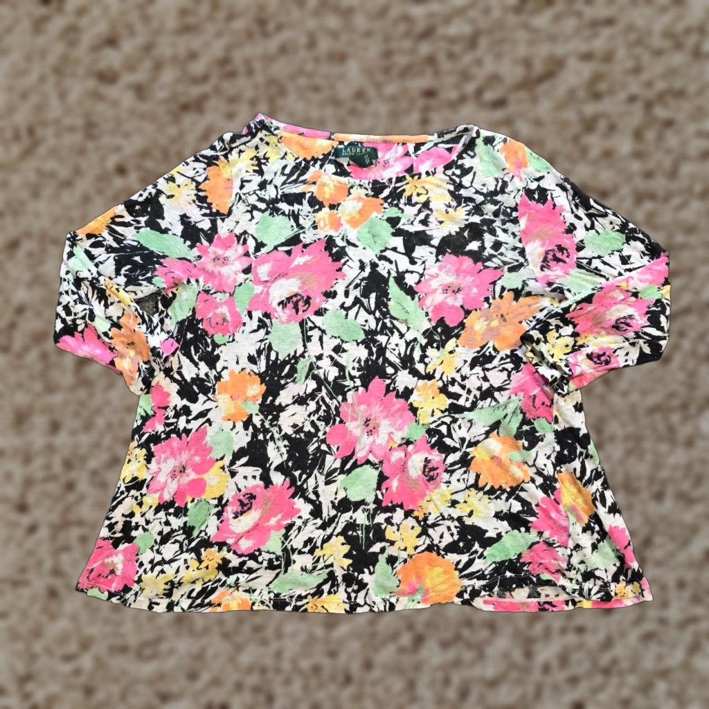 Ralph Lauren Lauren Ralph Lauren Top Women 1X Pink Floral Linen Boat Neck Stretch Casual Shirt Size XL / US 12-14 / IT 48-50 - 1 Thumbnail