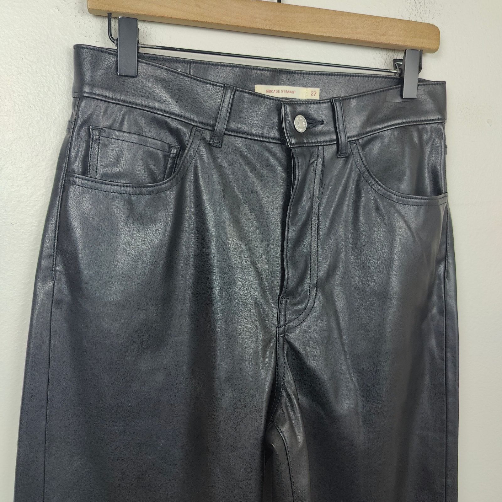 Levi's Levis Ribcage Straight Jeans Womens 27 Black Faux Leather Size 27" / US 4 / IT 40 - 2 Thumbnail