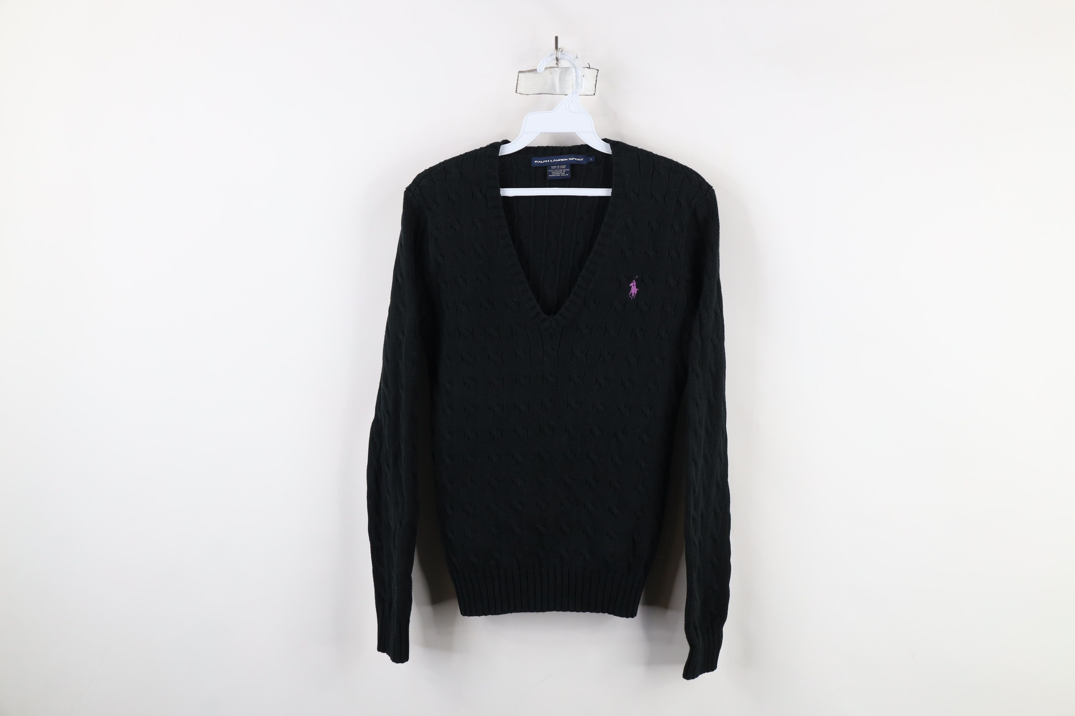 Ralph Lauren × Vintage Vintage 90s Ralph Lauren Cable Knit V-Neck Sweater Black Size L / US 10 / IT 46 - 1 Thumbnail