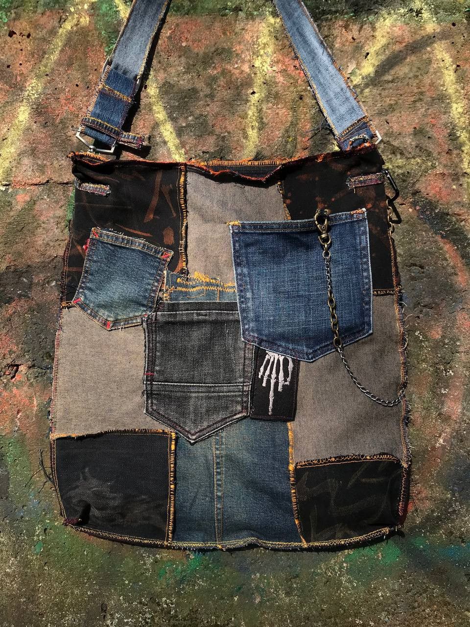 Handmade Custom 1-of-1 Metallica Patchwork Bag/Upcycled Denim & Suede Size ONE SIZE - 8 Thumbnail