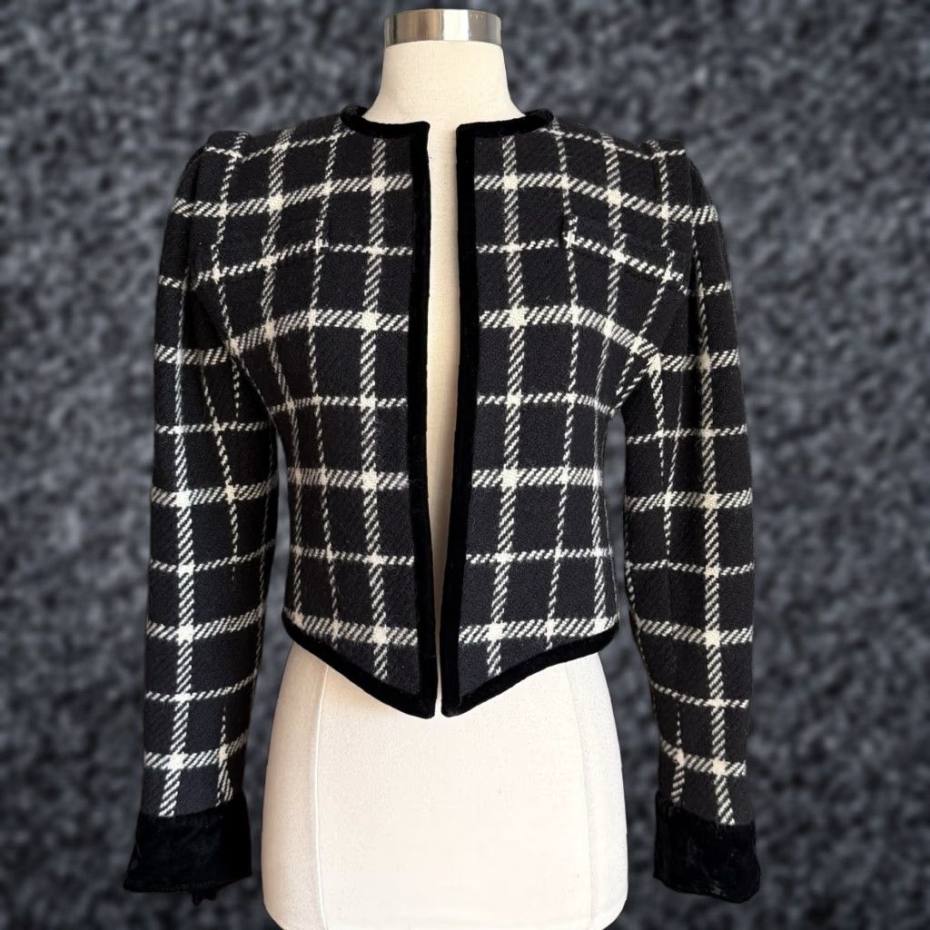 Vintage VINTAGE Emanuel Ungaro Parallele Paris Tweed Jacket Black White Check 80s Size 8 Wool Velvet Trim Womens/Mens Size S / US 4 / IT 40 - 1 Thumbnail