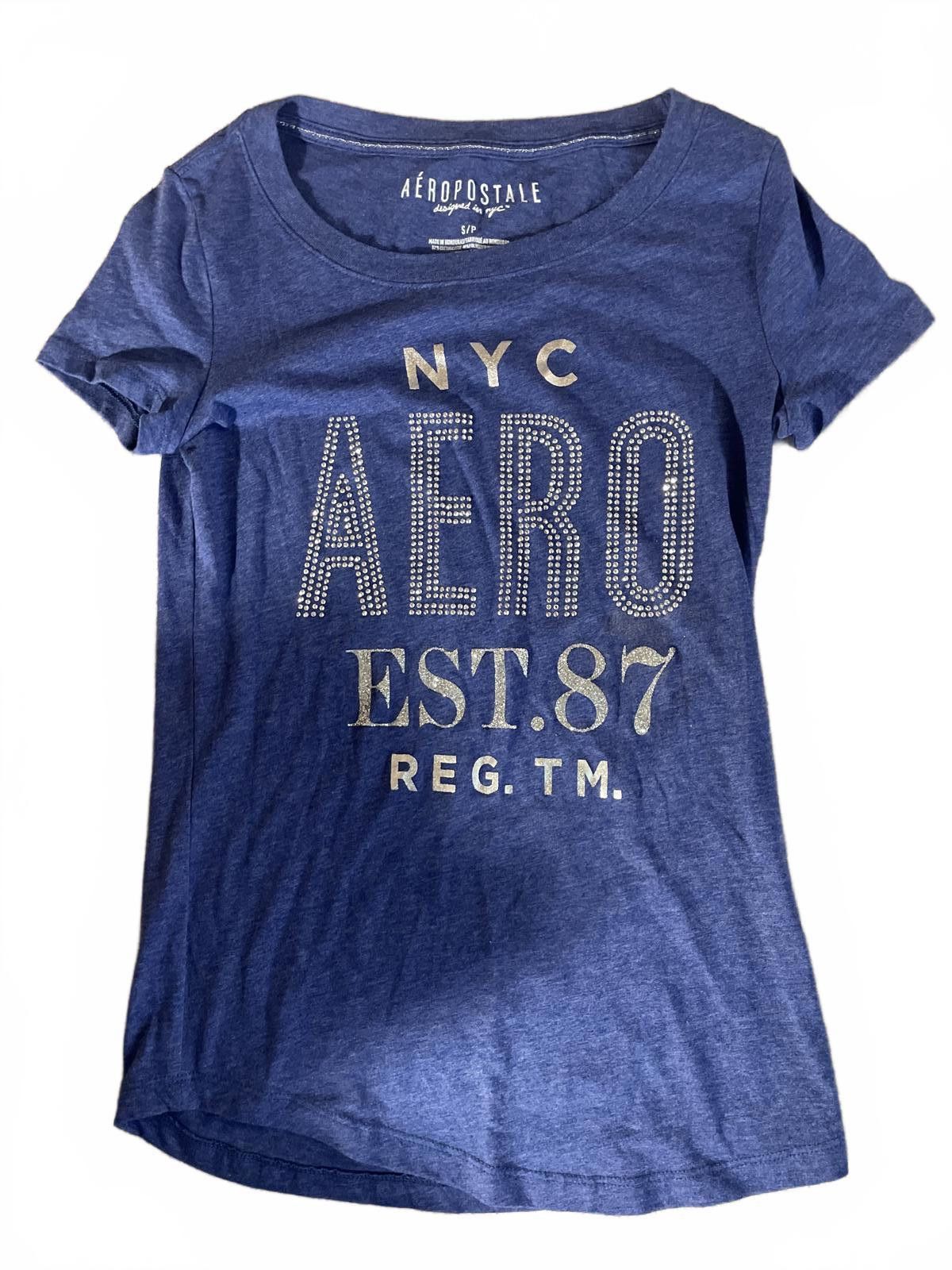 Aeropostale Y2K Aero Tee Top Women's Small Blue Silver NYC Rhinestones Size S / US 4 / IT 40 - 1 Thumbnail