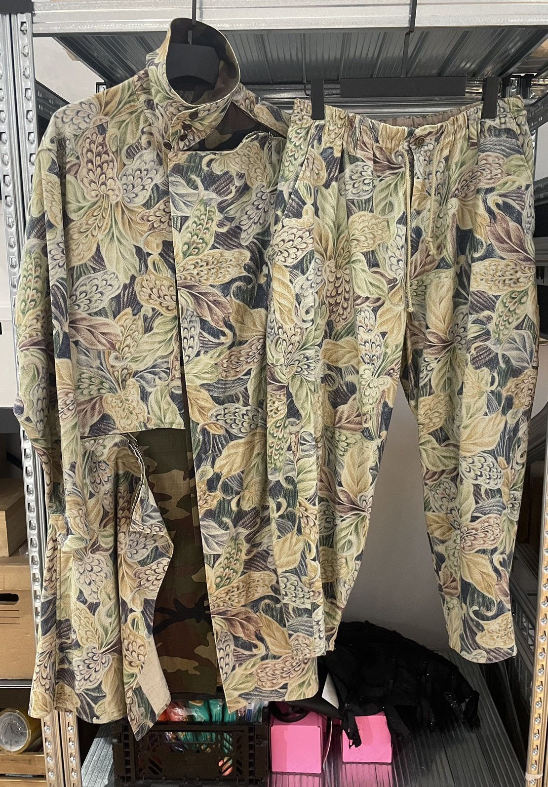 image of Yohji Yamamoto Pour Homme Flower Print Jacket And Pants 14Aw in Green, Men's (Size Medium)