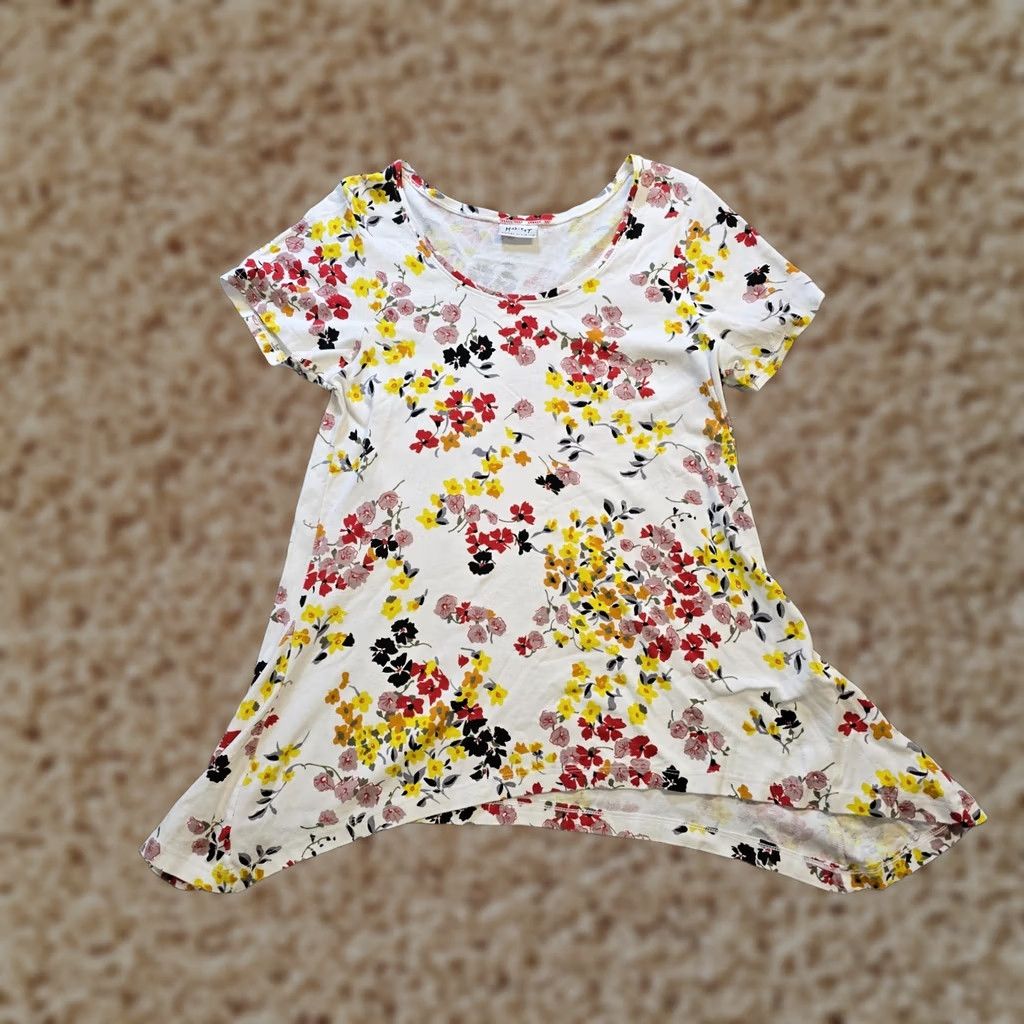 Habitat Habitat Top Womens Large White Yellow Floral Asymmetrical Stretch Casual T-Shirt Tunic Short Sleeve Round Neck Crew Neck Cotton Regular Mens? Womens Size L / US 10 / IT 46 - 1 Thumbnail