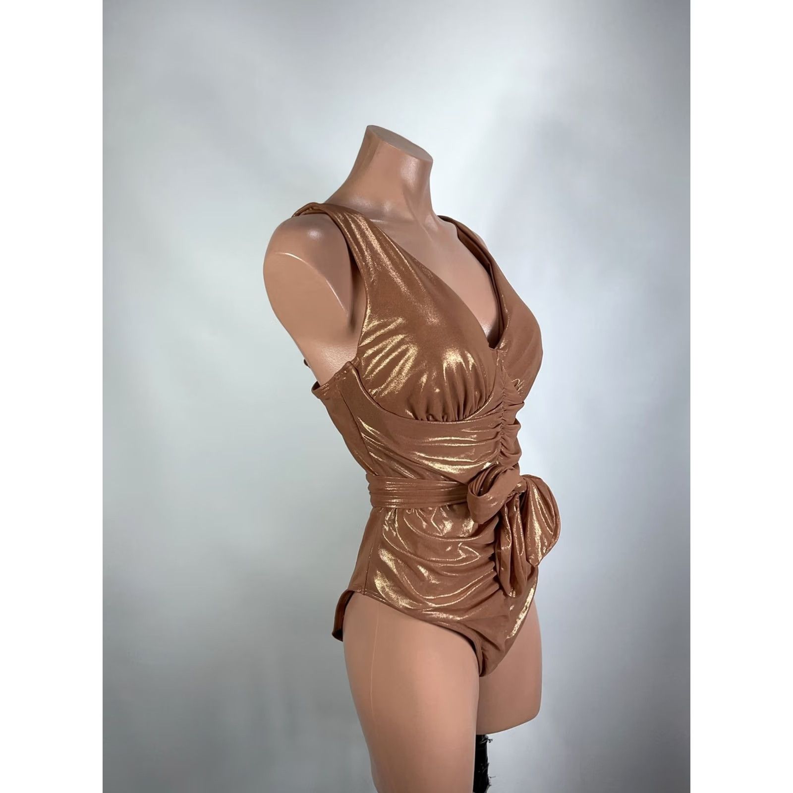 Vintage SwimsuitsForAll RoseGold Metallic Tie Front Gabifresh Size 14 D/DD One Piece Swim Skirt Adult Womens Navy Gold DD Size ONE SIZE - 4 Thumbnail
