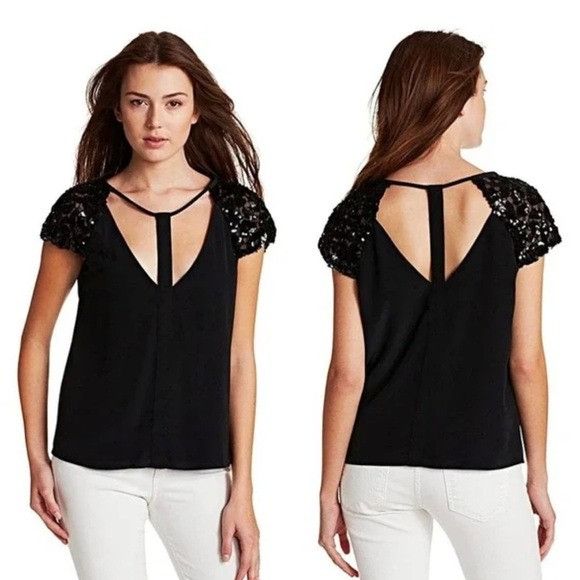 Bcbgmaxazria BCBGMaxAzria Black Top with Lace Cap Sleeves Size S / US 4 / IT 40 - 1 Thumbnail