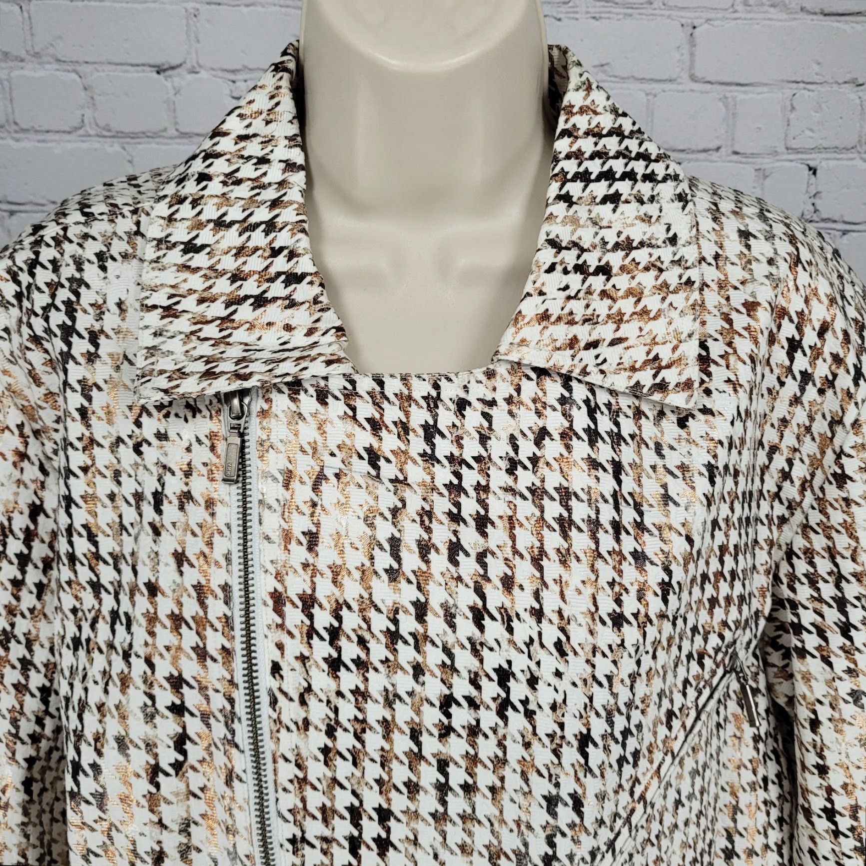 Vintage CHICO'S Brown Metallic Houndstooth Lightweight Full Zip Moto Jacket Size 3 US 16 Womens Size XS / US 0-2 / IT 36-38 - 7 Thumbnail