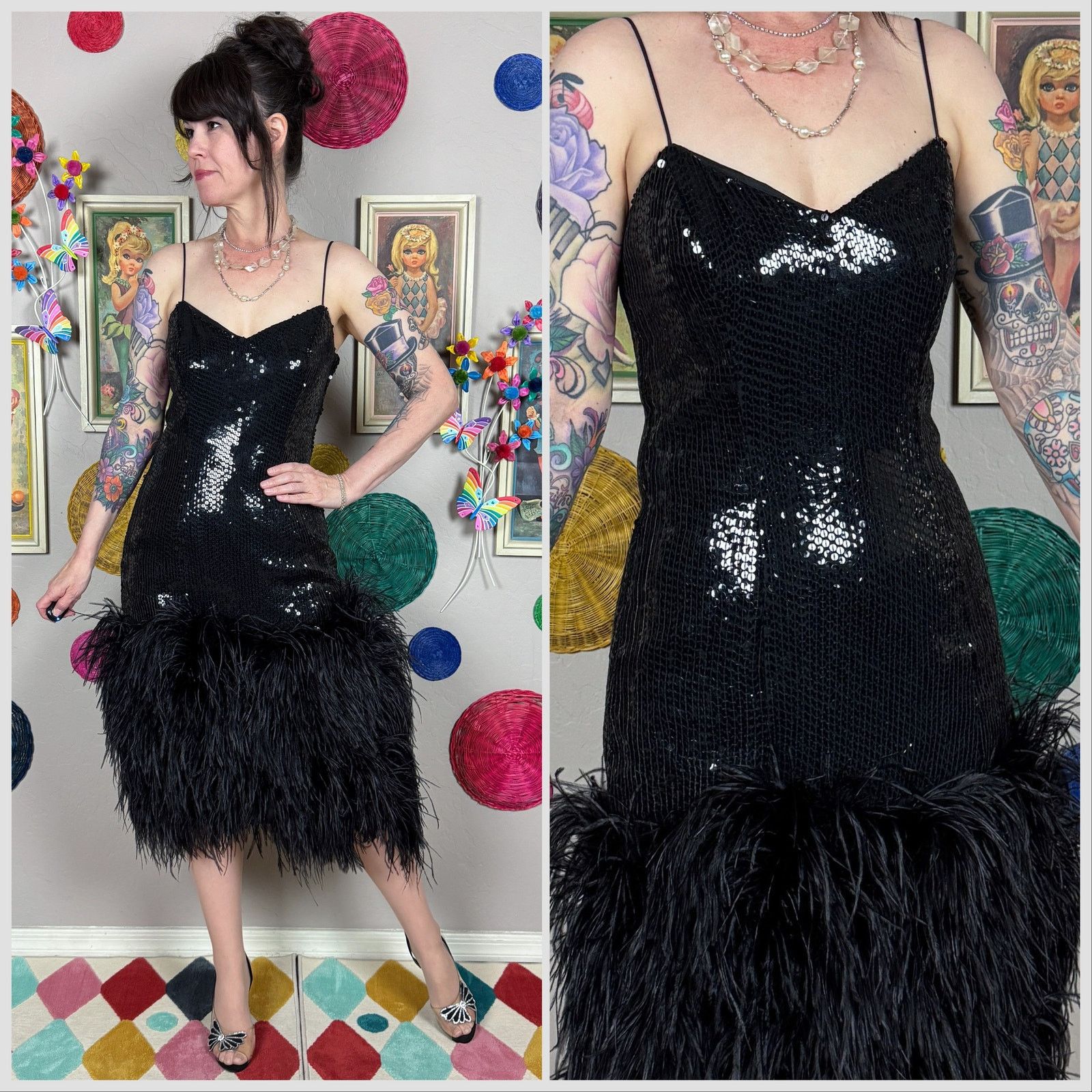 Vintage Vintage 1970s Black Sequins & Ostrich Feather Cocktail Dress Size S / US 4 / IT 40 - 1 Thumbnail