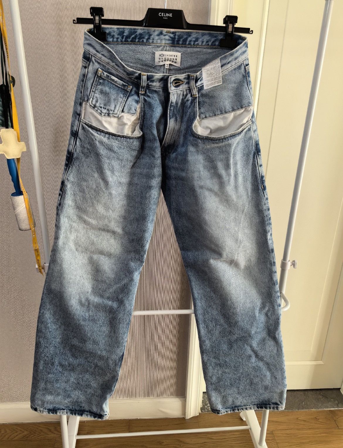 image of Maison Margiela Margiela White Pocket Wide-Leg Baggy Low-Rise Jeans in Blue, Men's (Size 40)