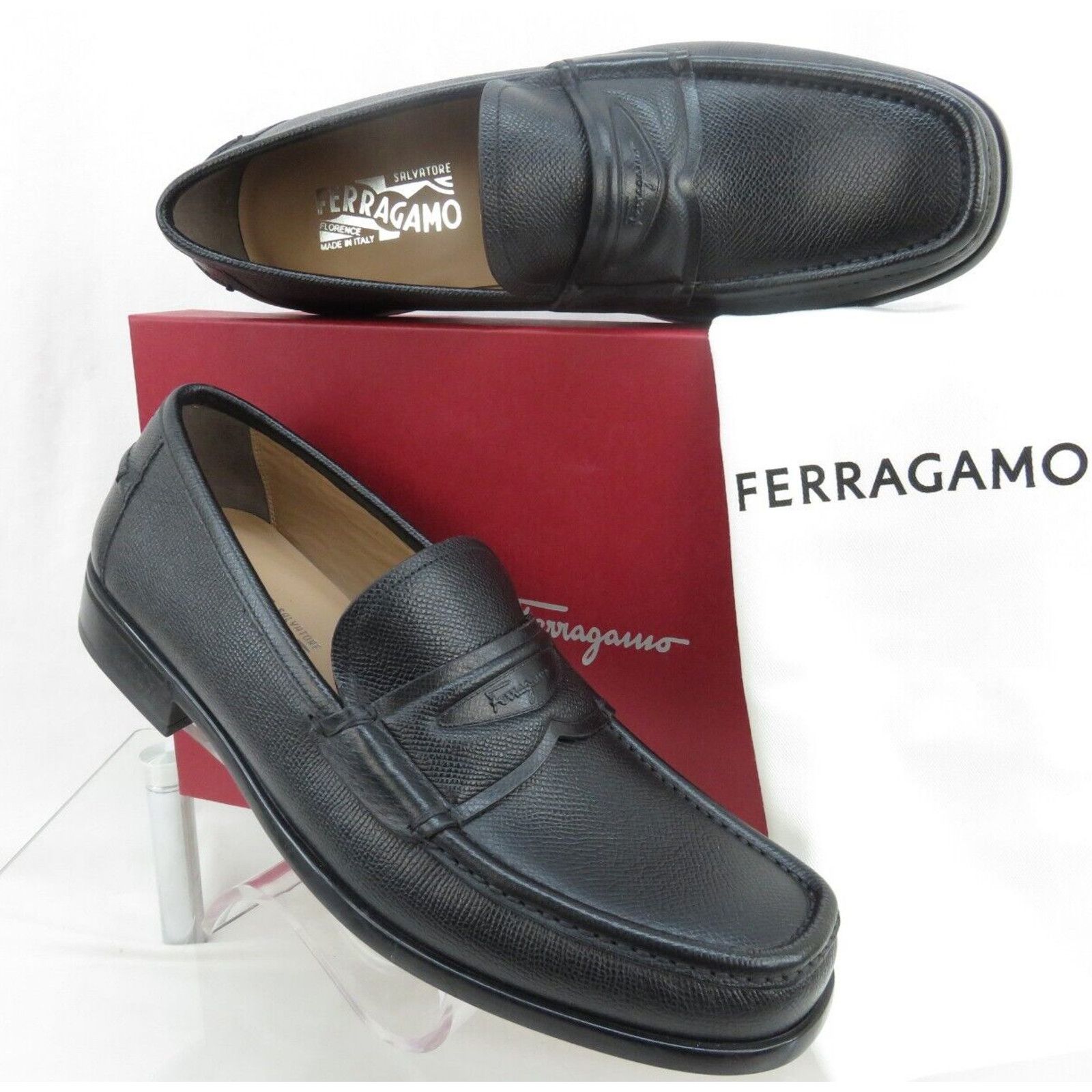 Salvatore Ferragamo LANZAROTE BLACK SAFFIANO LEATHER LOGO PENNY LOAFERS 11 D Size US 11 / EU 44 - 2 Thumbnail
