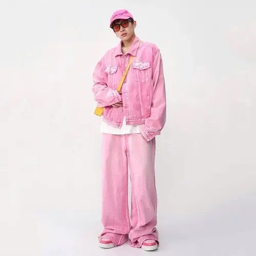 Japanese Brand × Vintage Casual Korean Pink Set Suit Solid Jeans + Jacket Coat Size 40R - 1 Thumbnail