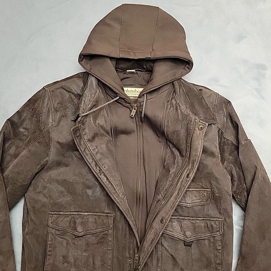 Vintage Columbia Jacket Men Large Brown Leather Hooded Full Zip Insulated Removable Hood Size US L / EU 52-54 / 3 - 4 Thumbnail