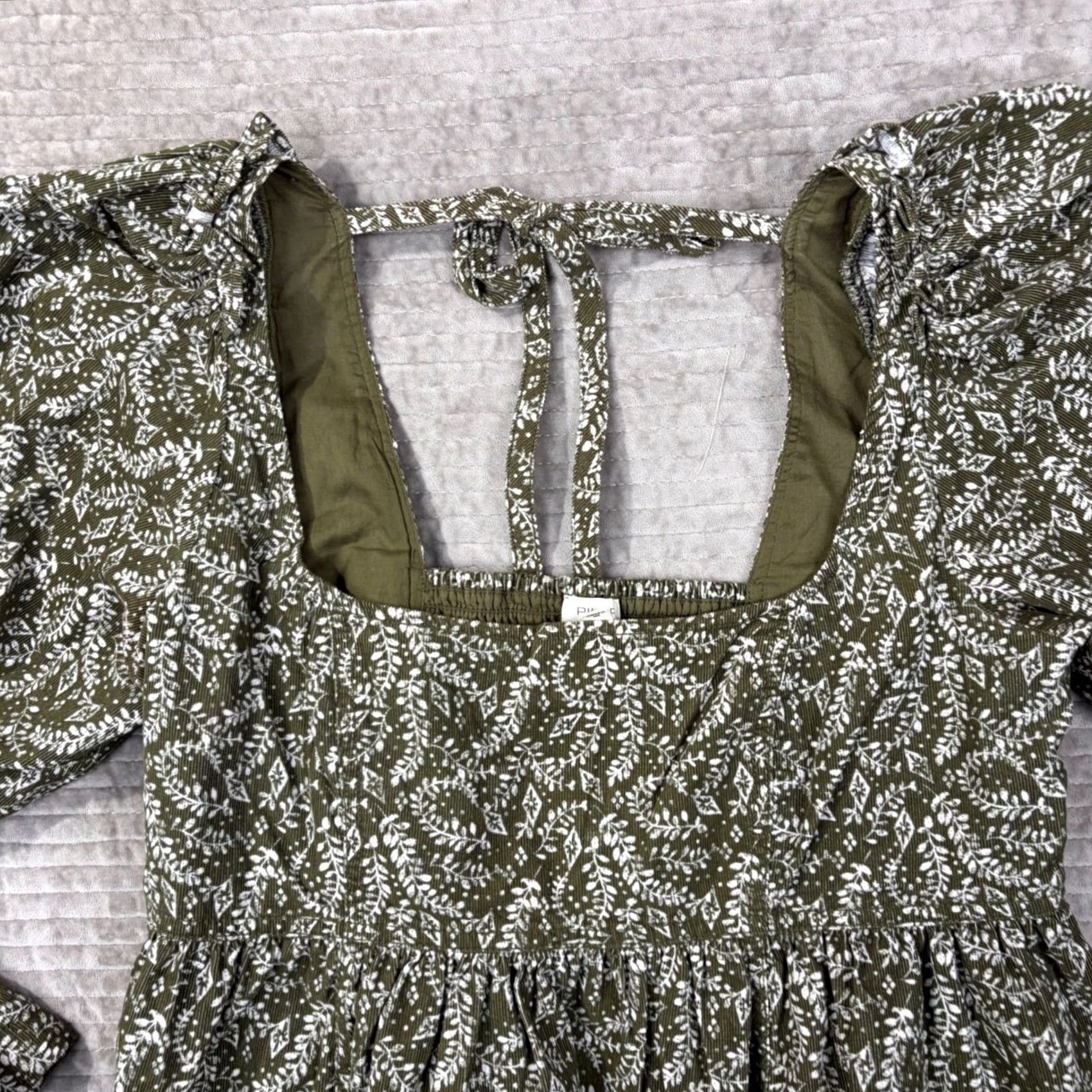 Vintage Pilcro Anthropologie Corduroy Peplum Top Olive Green Floral Puff Sleeve Large Size L / US 10 / IT 46 - 4 Thumbnail